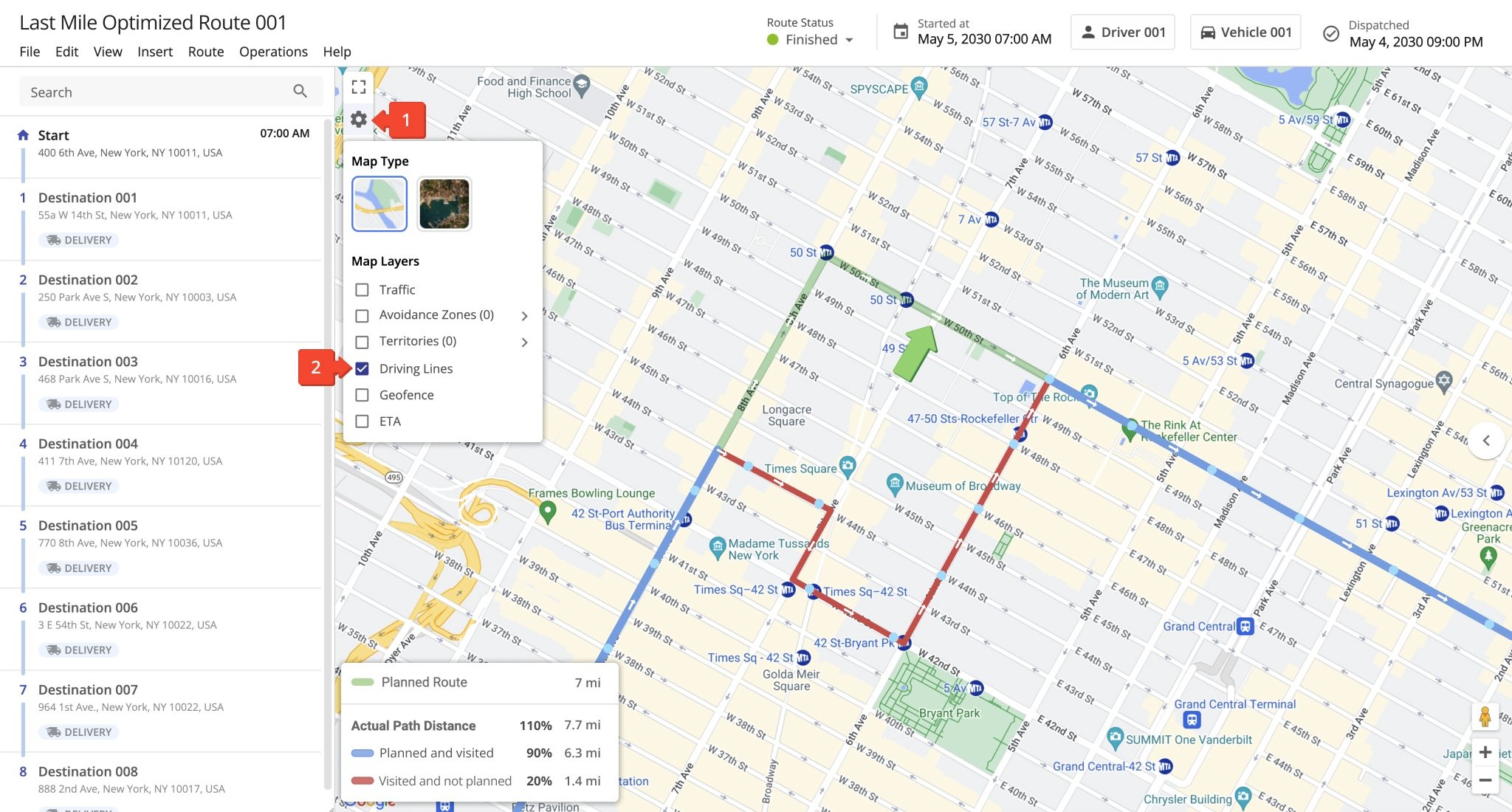 To ensure the respective route's planned travel path is shown, click the Map Layers Icon. Then, check the Driving Lines box to display the planned and optimized route path.
