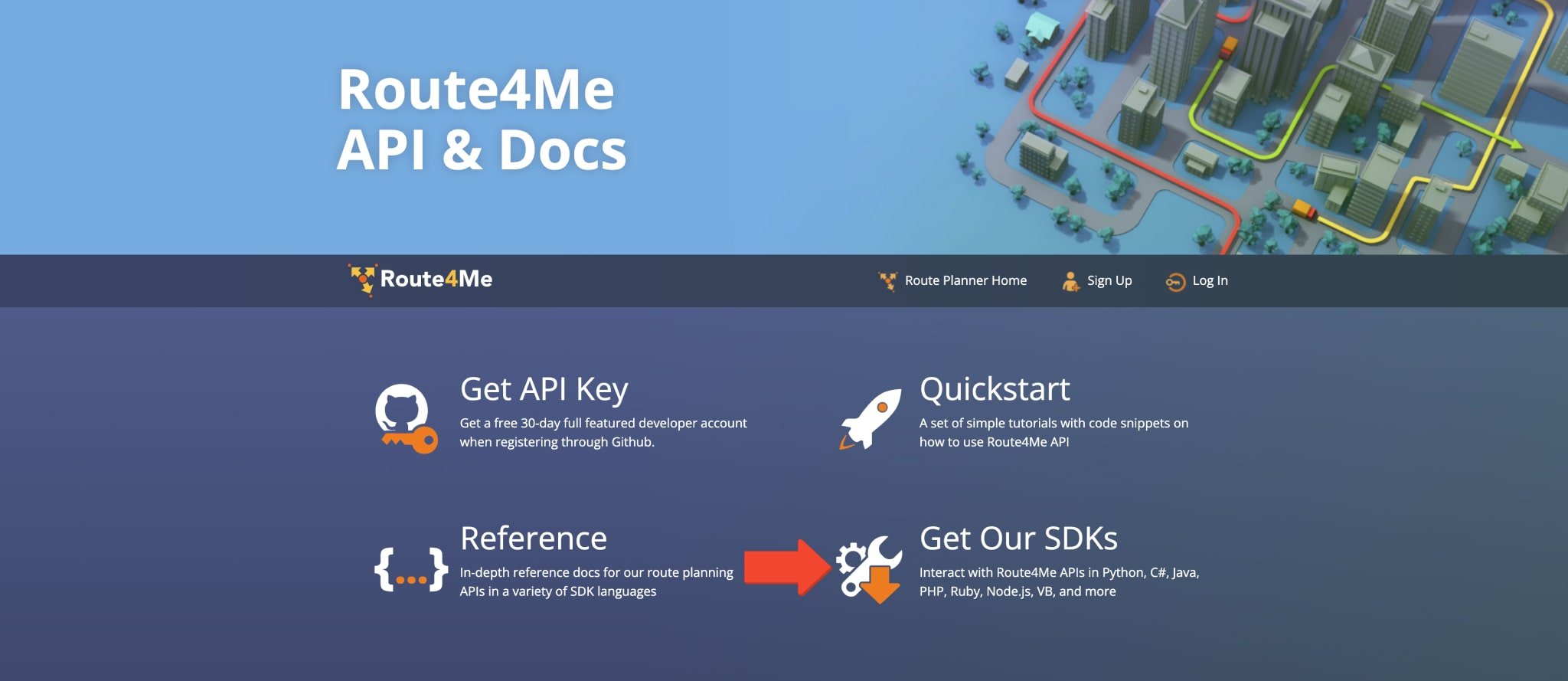 The Route4Me developer portal gives developers access to SDKs in a variety of languages so devs can interact with Route4Me APIs in Python, C#, Java, and many other languages.