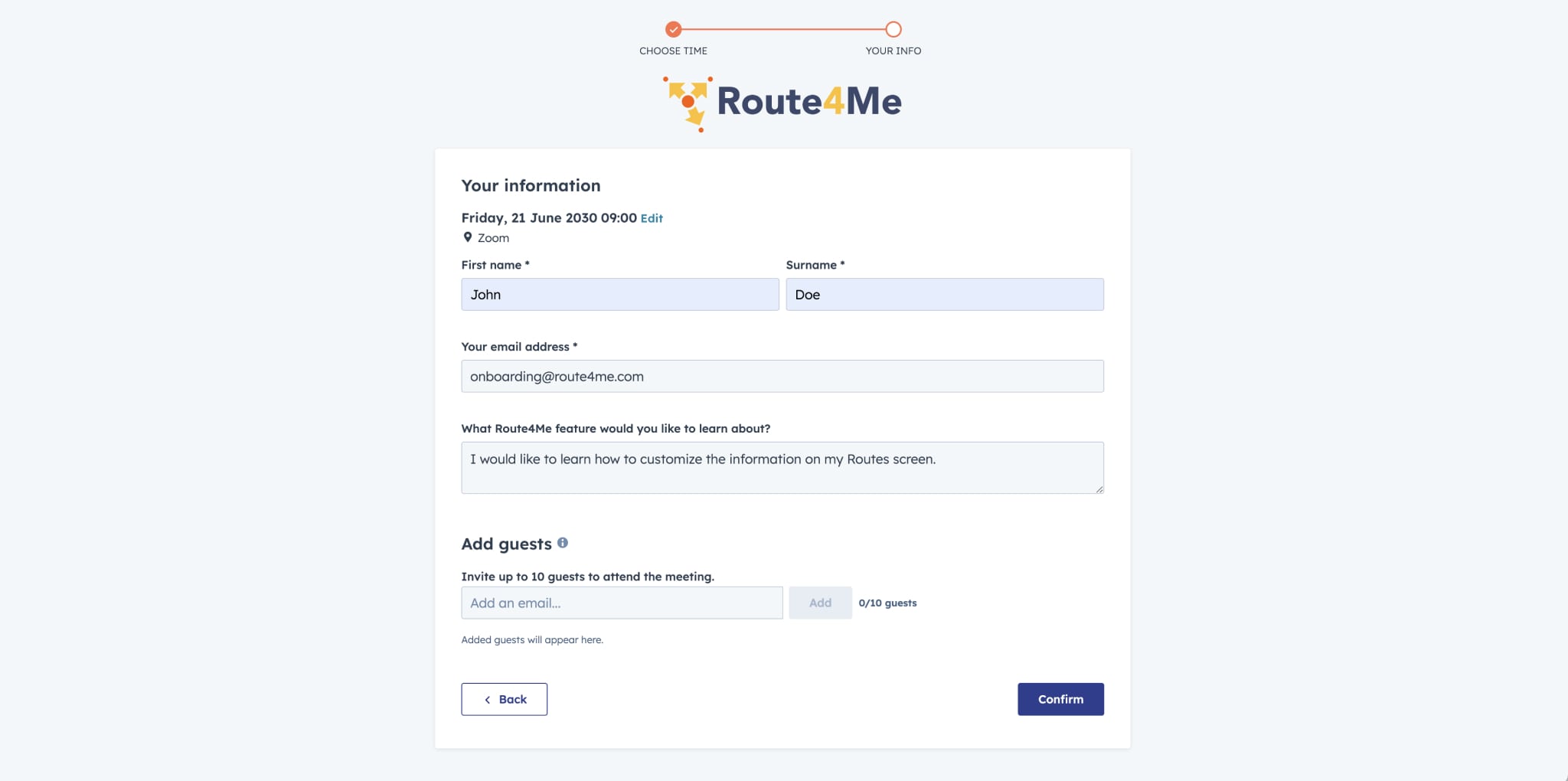 Fill out your contact information to schedule the meeting and add the details about the functionality you want to learn about.