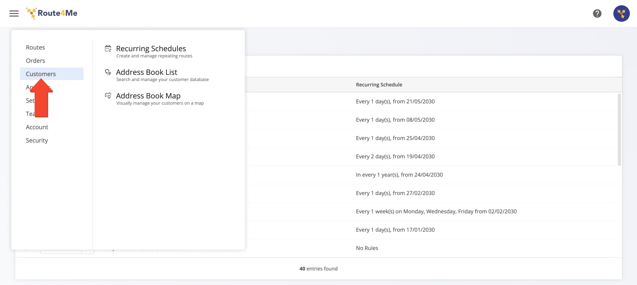 You can store millions of customer addresses on your Route4Me account with the Address Book List and view and interact with these addresses on the interactive Address Book Map. Additionally, plan recurring routes with addresses and Master Route templates.