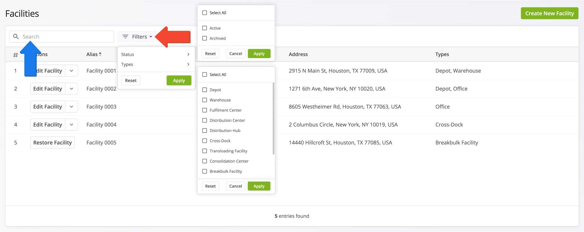 Use filters to sort Facilities on your Facilities List by status and Facility Type.