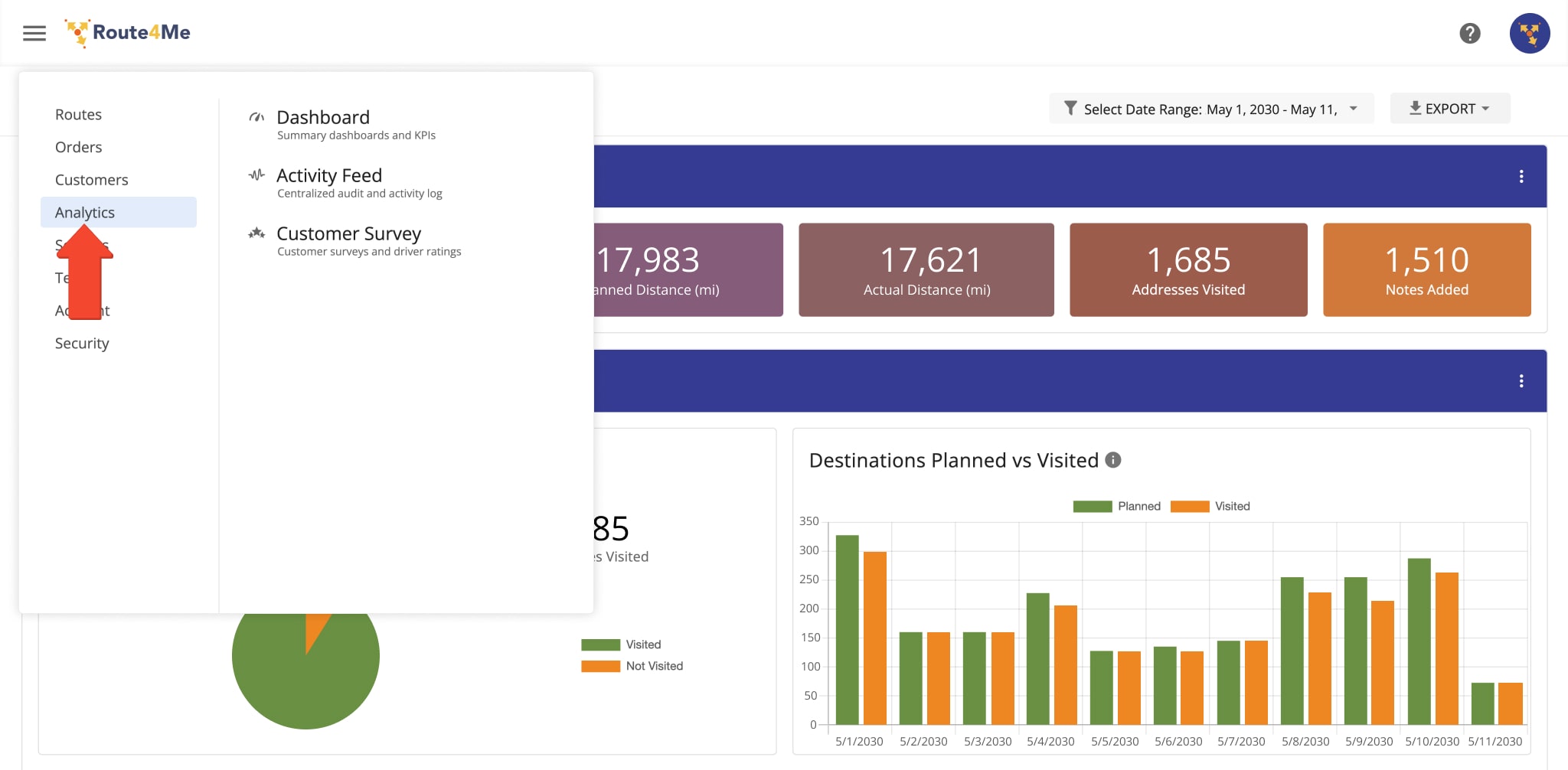 To gather actionable intelligence into the activity of your team members and the performance of your field team, click the Navigation Menu Hamburger Button and then click Analytics.