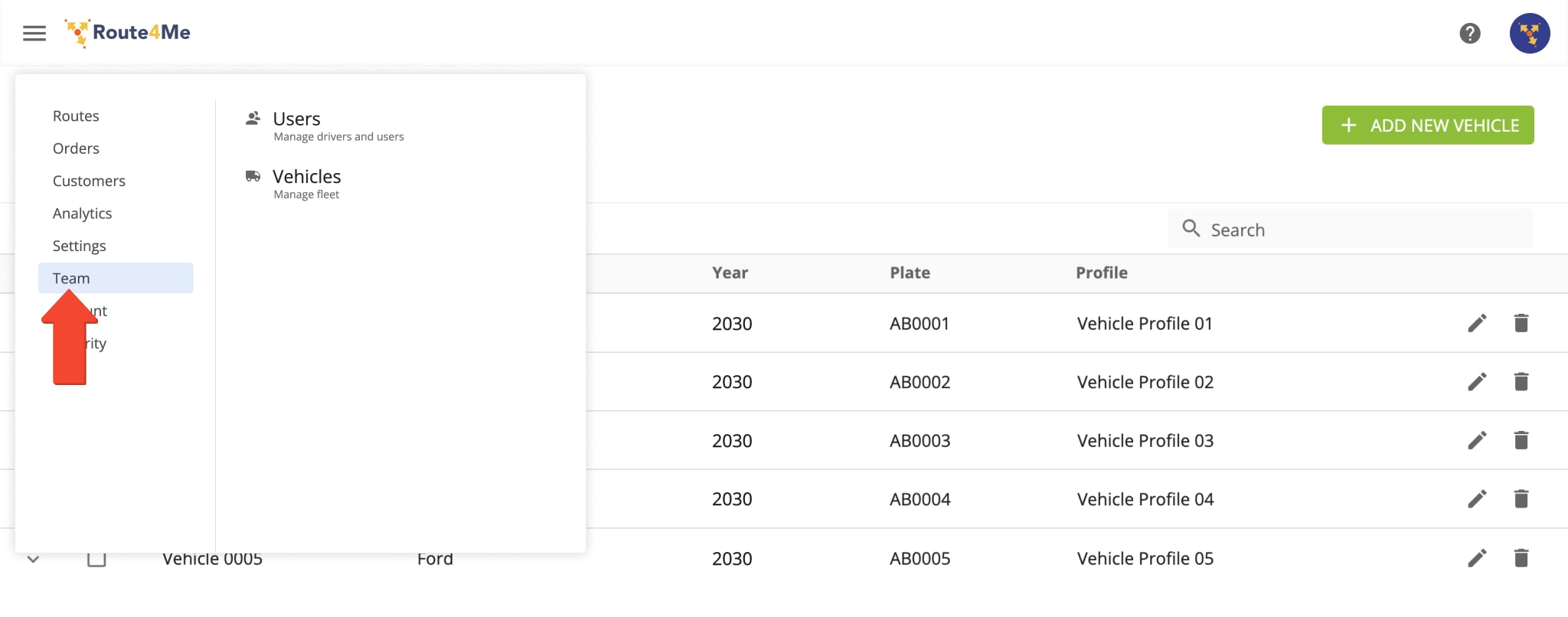 Access team and fleet management pages from the Navigation Menu.