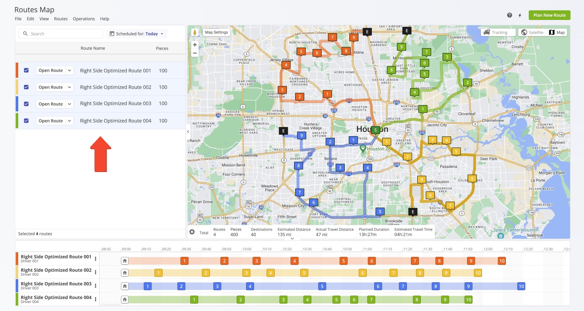 When Right Side Routing is enabled, the simultaneously planned and optimized routes will have destinations only on the right side of the road. Additionally, the distribution of addresses between the multiple planned routes will be different when Right Side Routing is enabled compared to when it's not enabled.