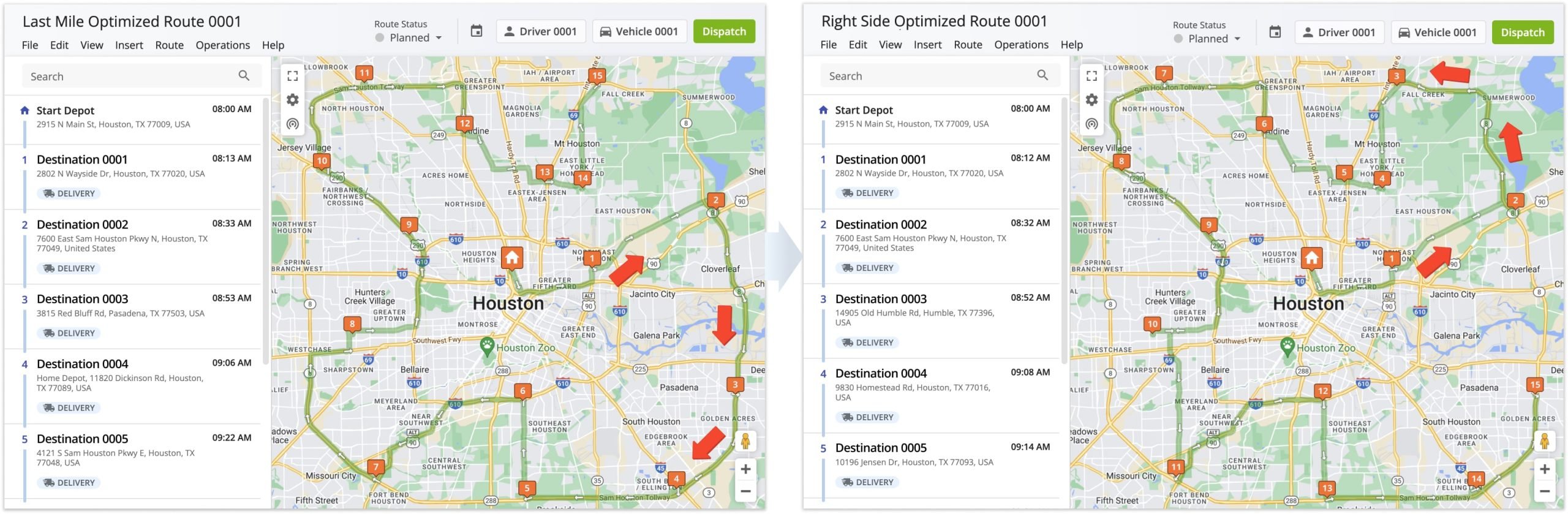 Right Side Routing enables you to plan routes will all destinations to the right of the route path, saving time, improving driver safety and efficiency, and preventing accidents.