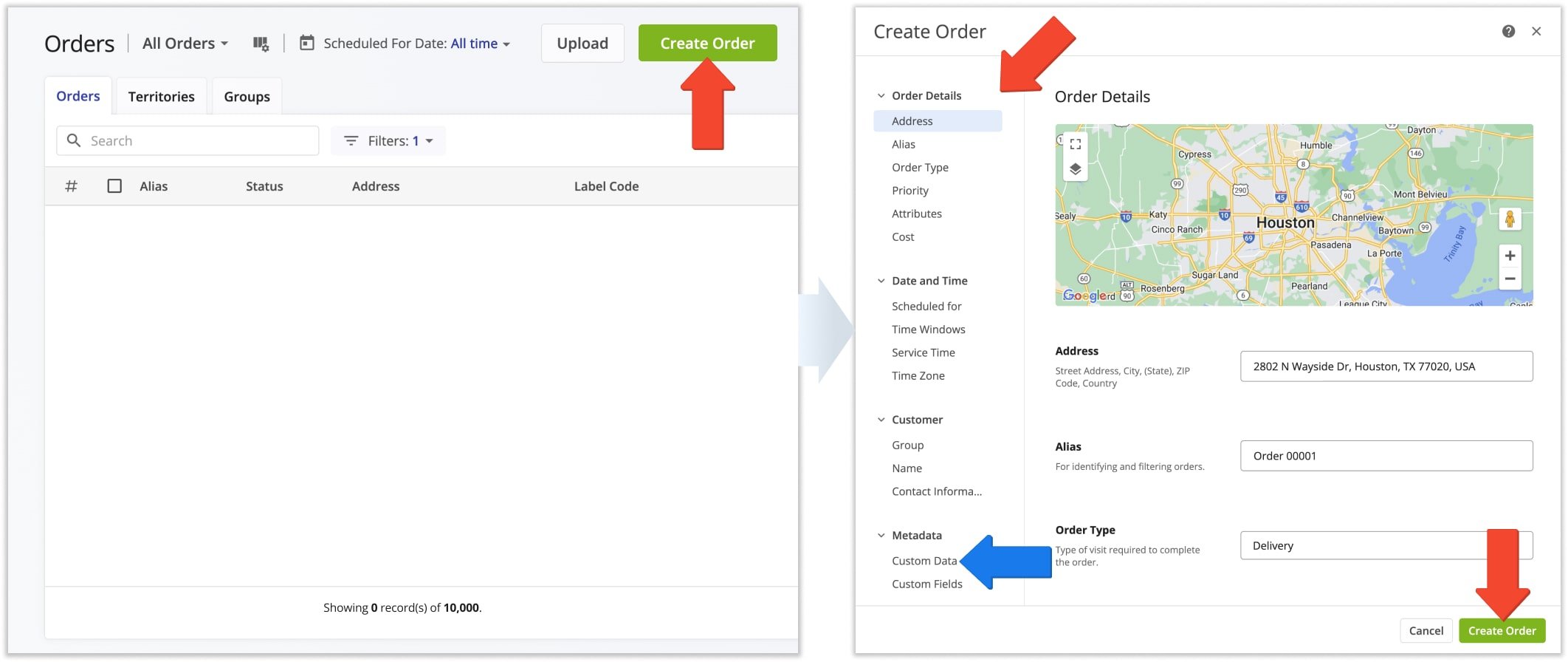 When you manually add customized orders in the Orders List, you can adjust order details such as address, scheduled for date, order destination type, priority, and more.