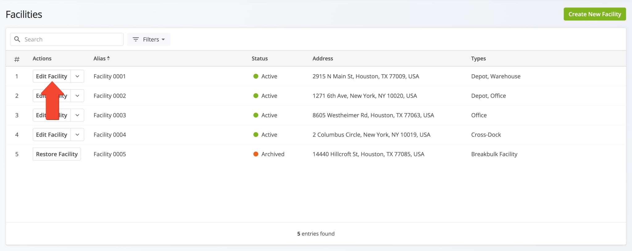 You can access and edit the same Facility details as when creating Facilities by clicking the Edit Facility button.