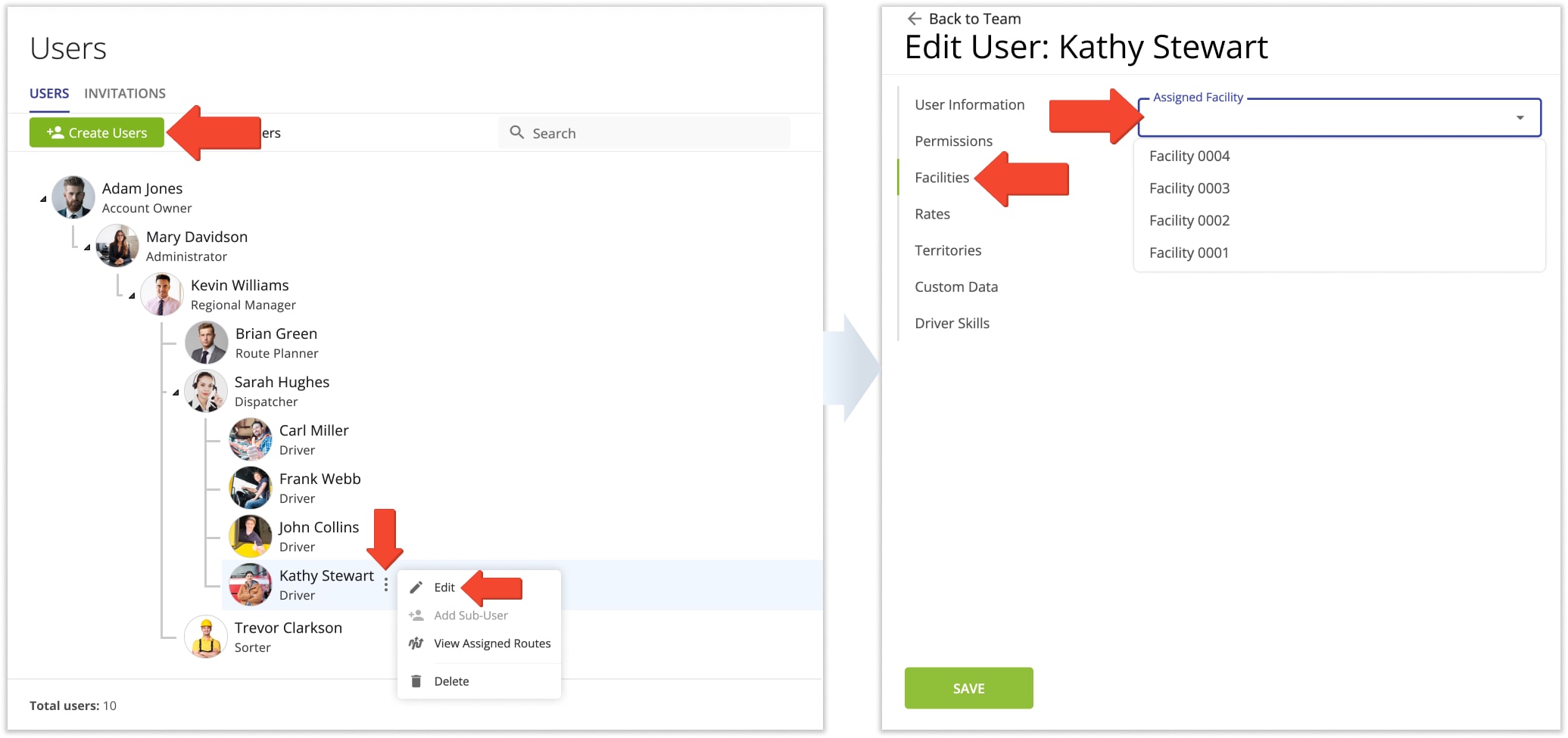 Route4Me enables you to assign drivers, dispatchers, and other team members to Facilities on your account.