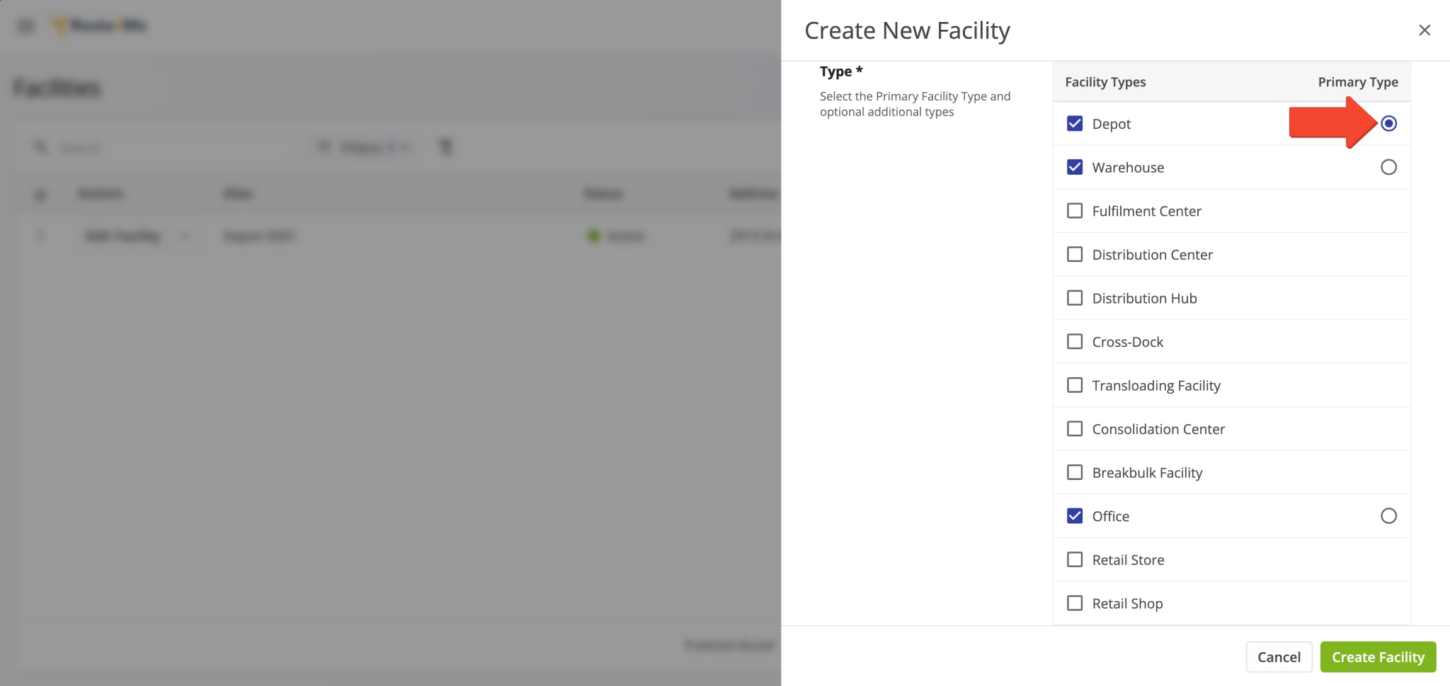 Facilities on your Route4Me account can have multiple associated Facility Types and one Primary Type which is used by the software.