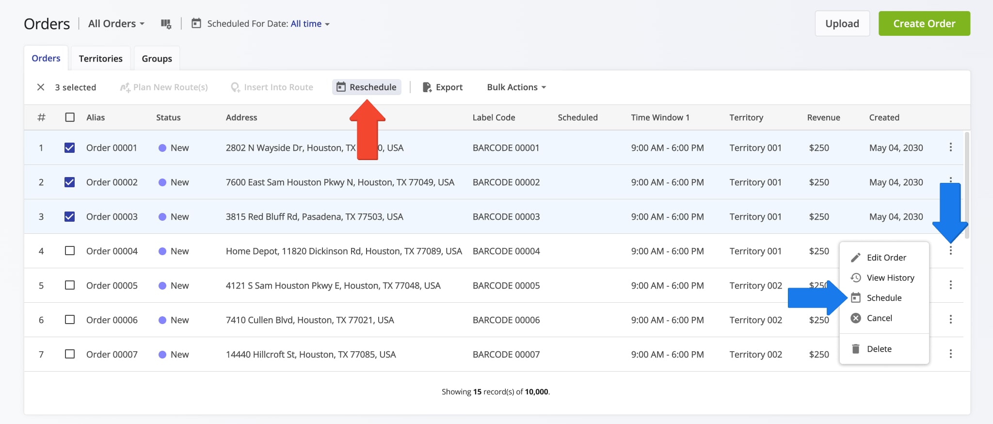 Manually reschedule one or more orders with the 'New' Order Status.