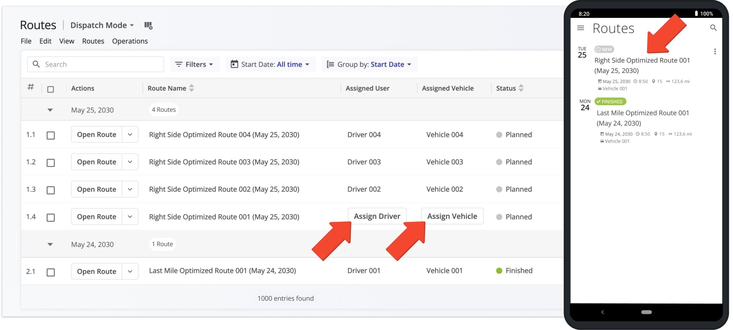 Dispatch right-side routes to drivers and receive automatic real-time progress updates.