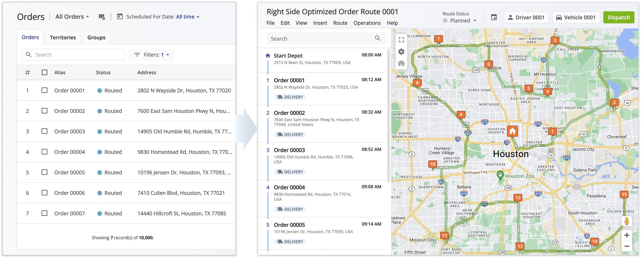 When Right Side Routing is enabled on your Route4Me account, all customer order routes will be planned and optimized with order destination addresses on the right side of the route path.