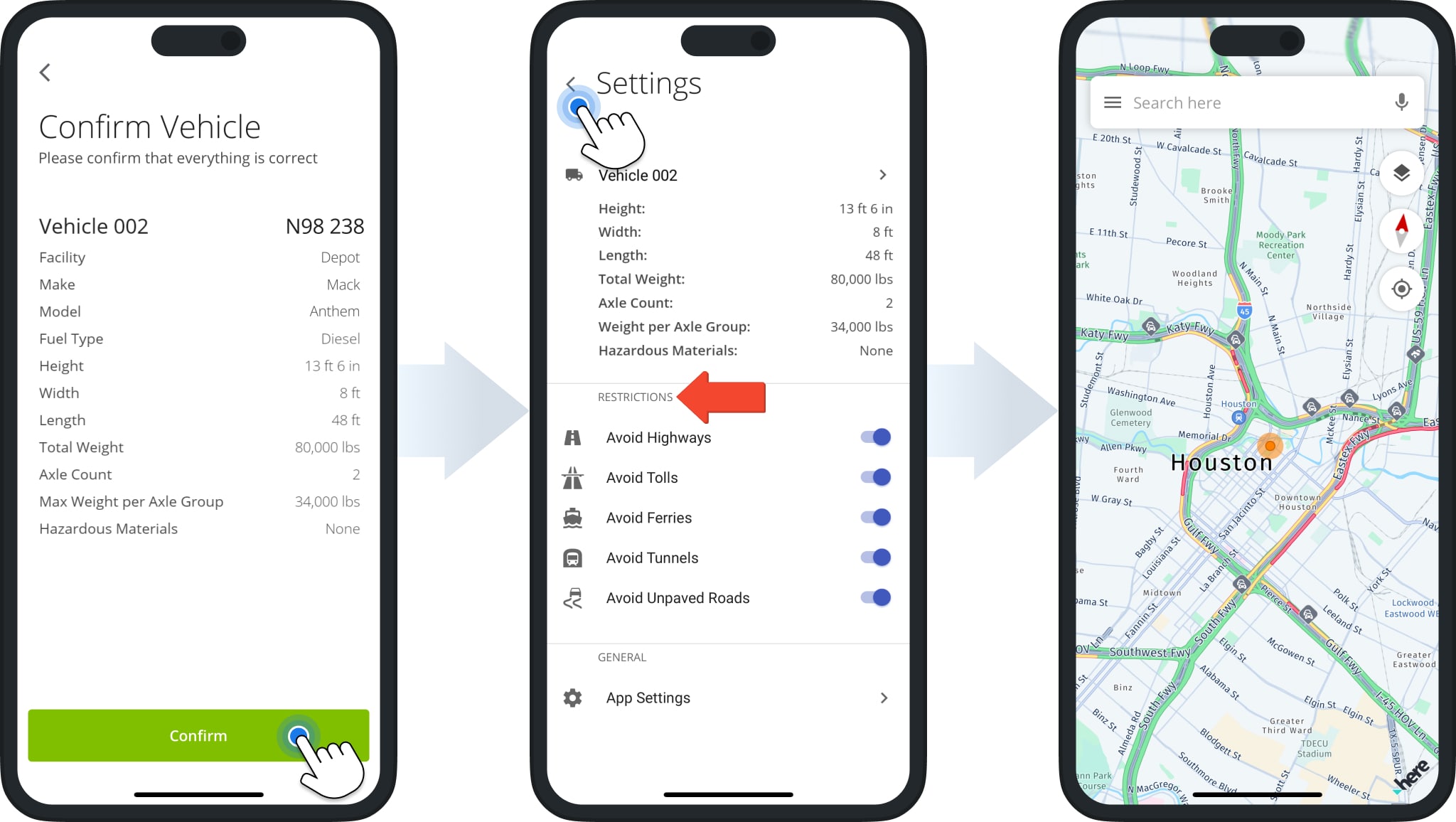 Route4Trucks enables you to activate road restrictions to avoid tolls, highways, and more.