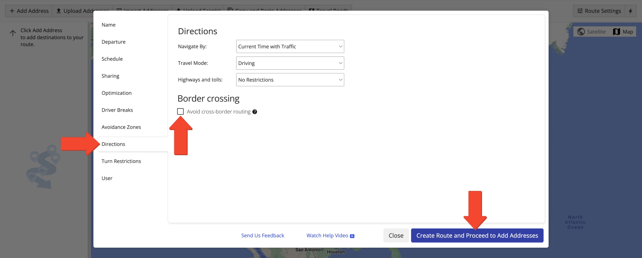 Disable Cross Border Routing to plan routes that do not cross country borders.