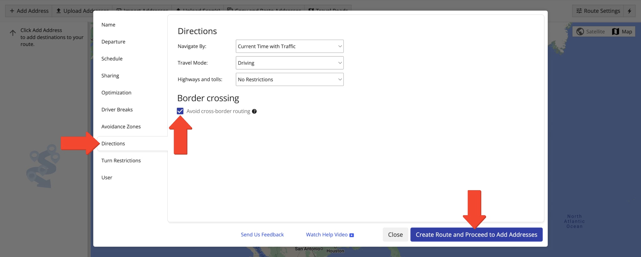 Route4Me enables you to easily disable Cross Border Routing at the touch of a button to plan routes in different countries without crossing national borders.