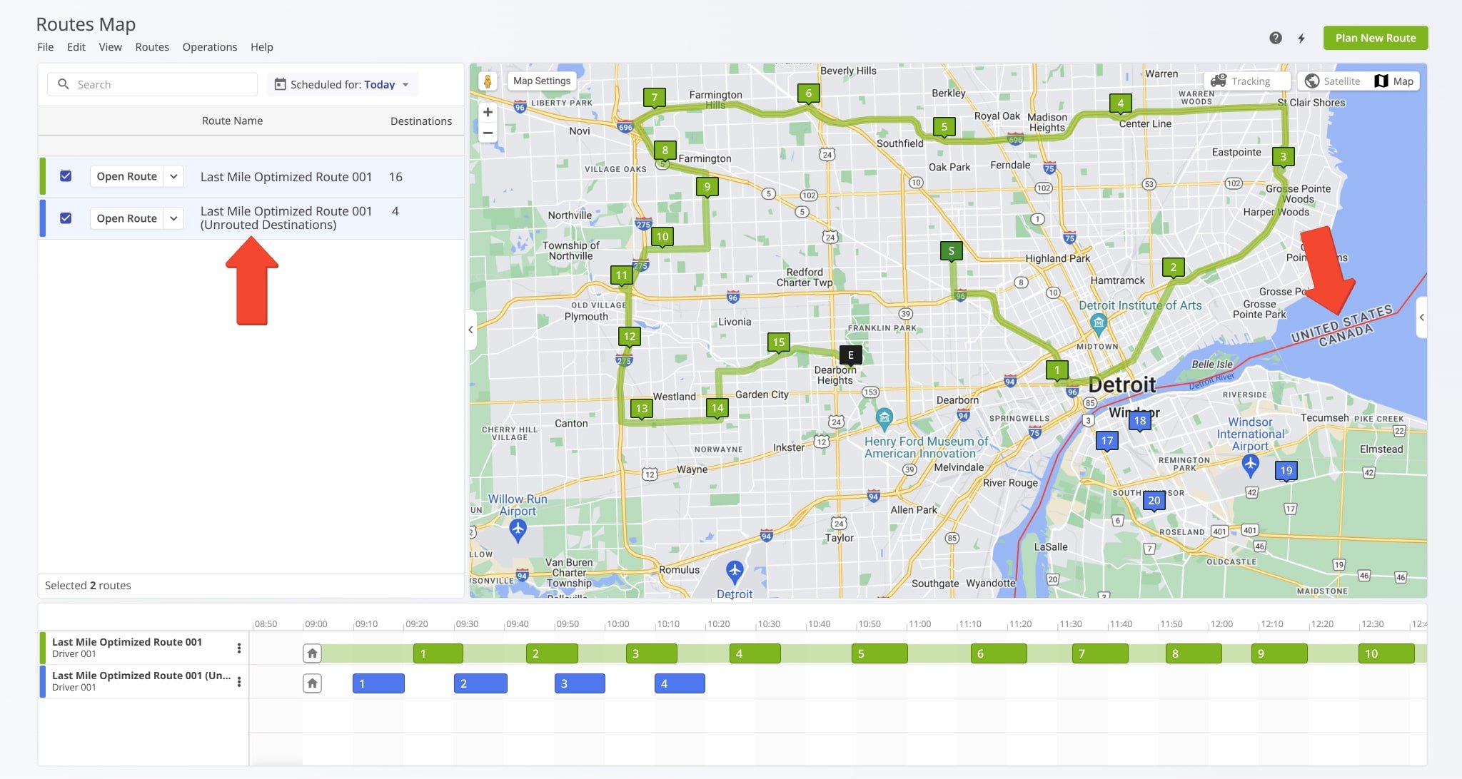 When planning routes with international addresses and Cross Border Routing disabled, Route4Me will automatically plan a a complete route in the country where the route depot or origin is located and create an Unrouted Destinations route in the other country.