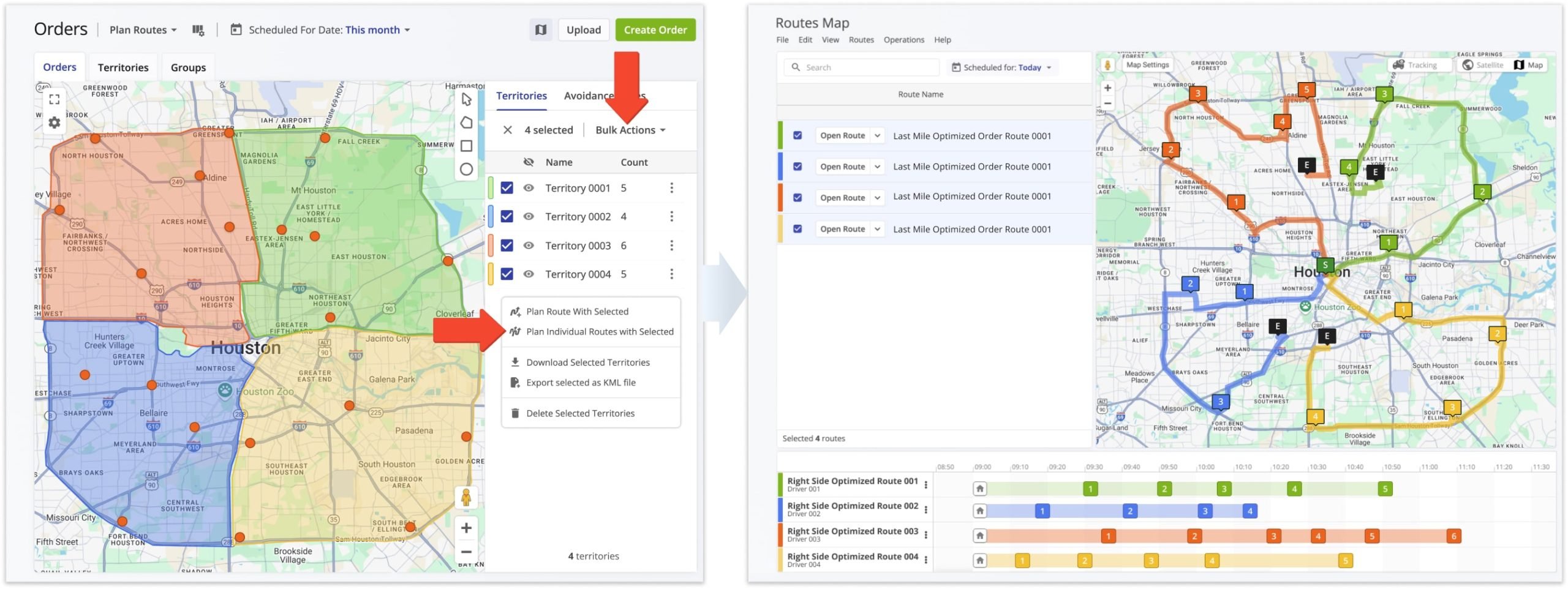 Select multiple Order Territories and plan separate routes that don't overlap territory borders.