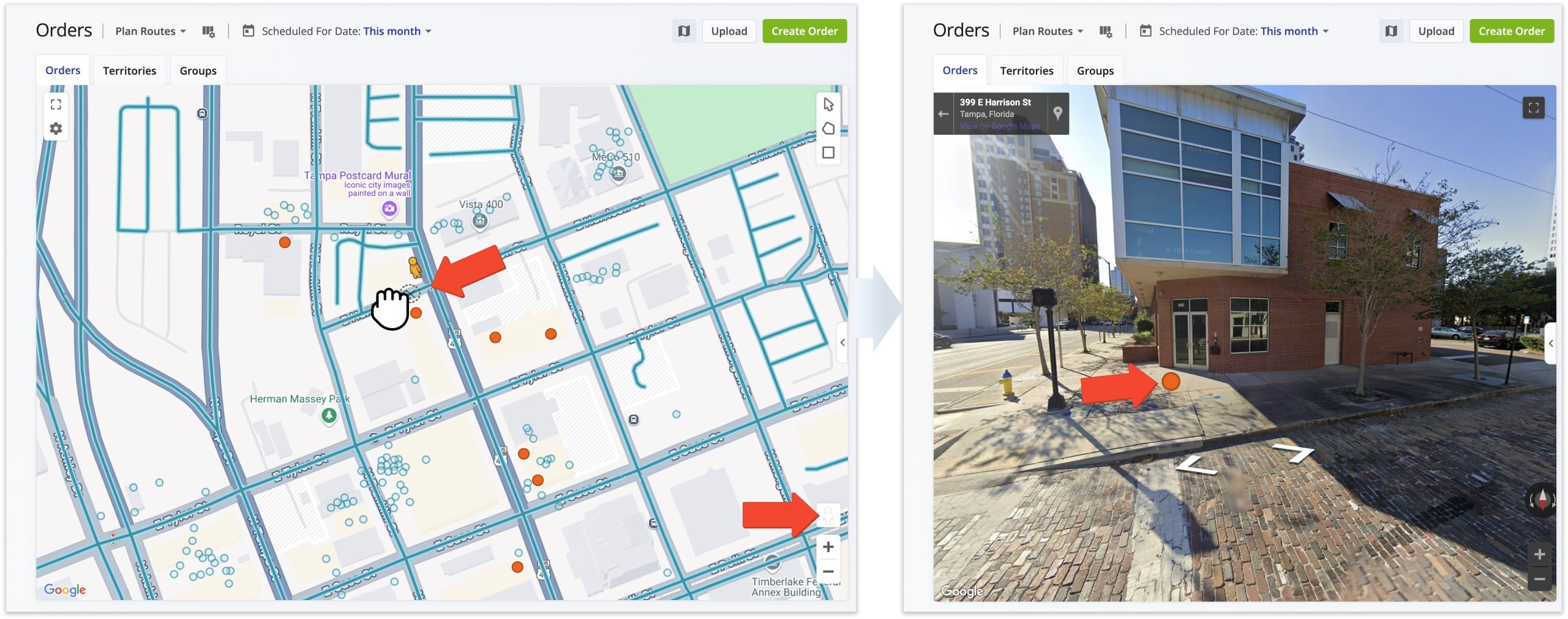 Route4Me's Orders Map supports Google Street View so you can easily see exactly how your customer order destinations look.