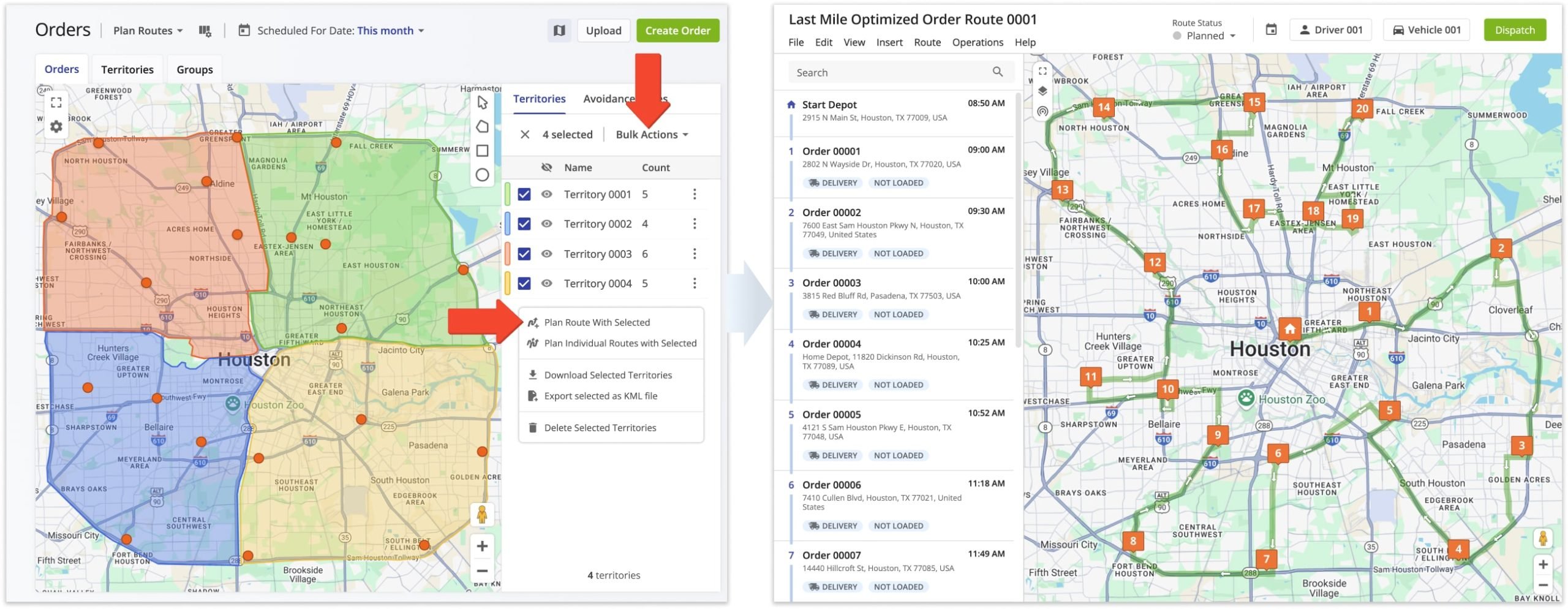 Select multiple Order Territories on the Orders Map and plan a single combined route with all orders from the selected territories.