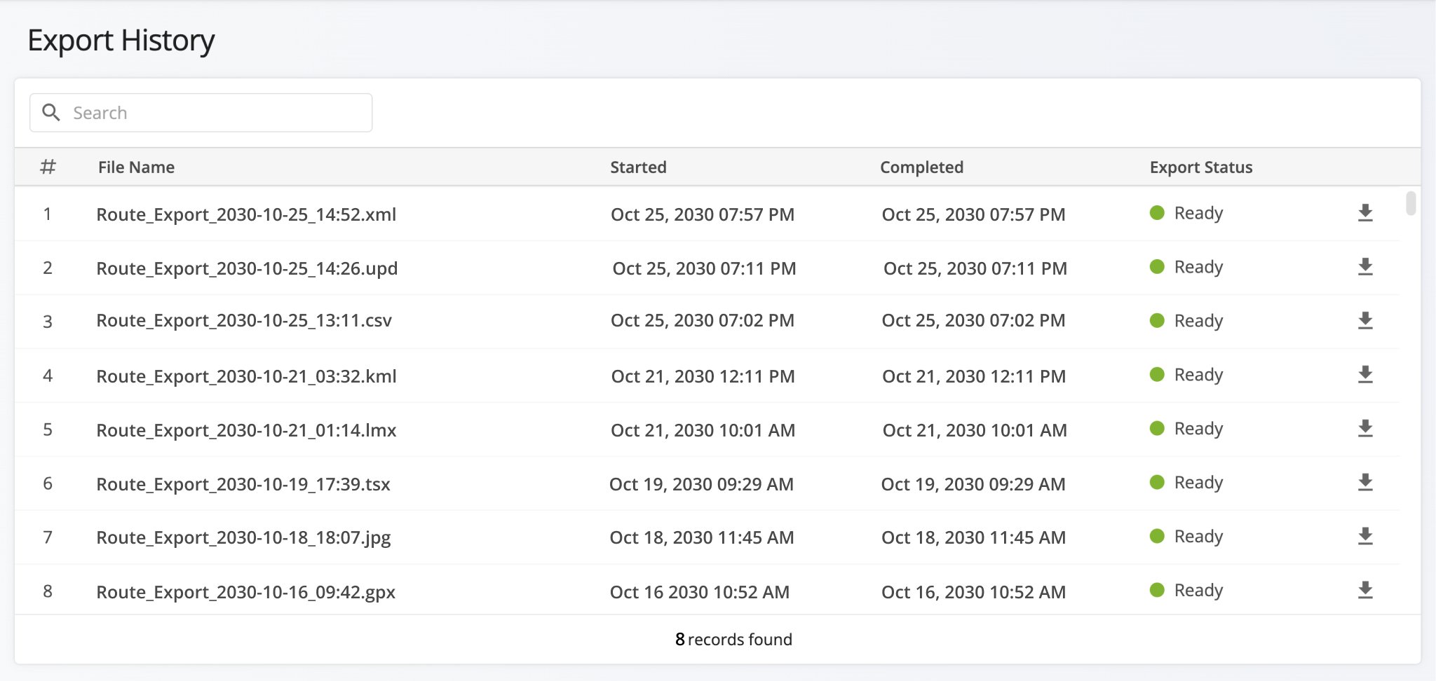 When you export route data, the files are automatically saved in your Export History.