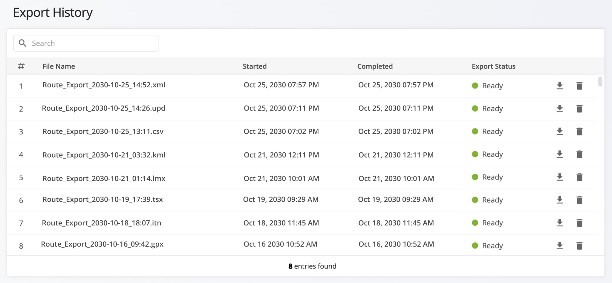 When you export route data, the files are automatically saved in your Export History.