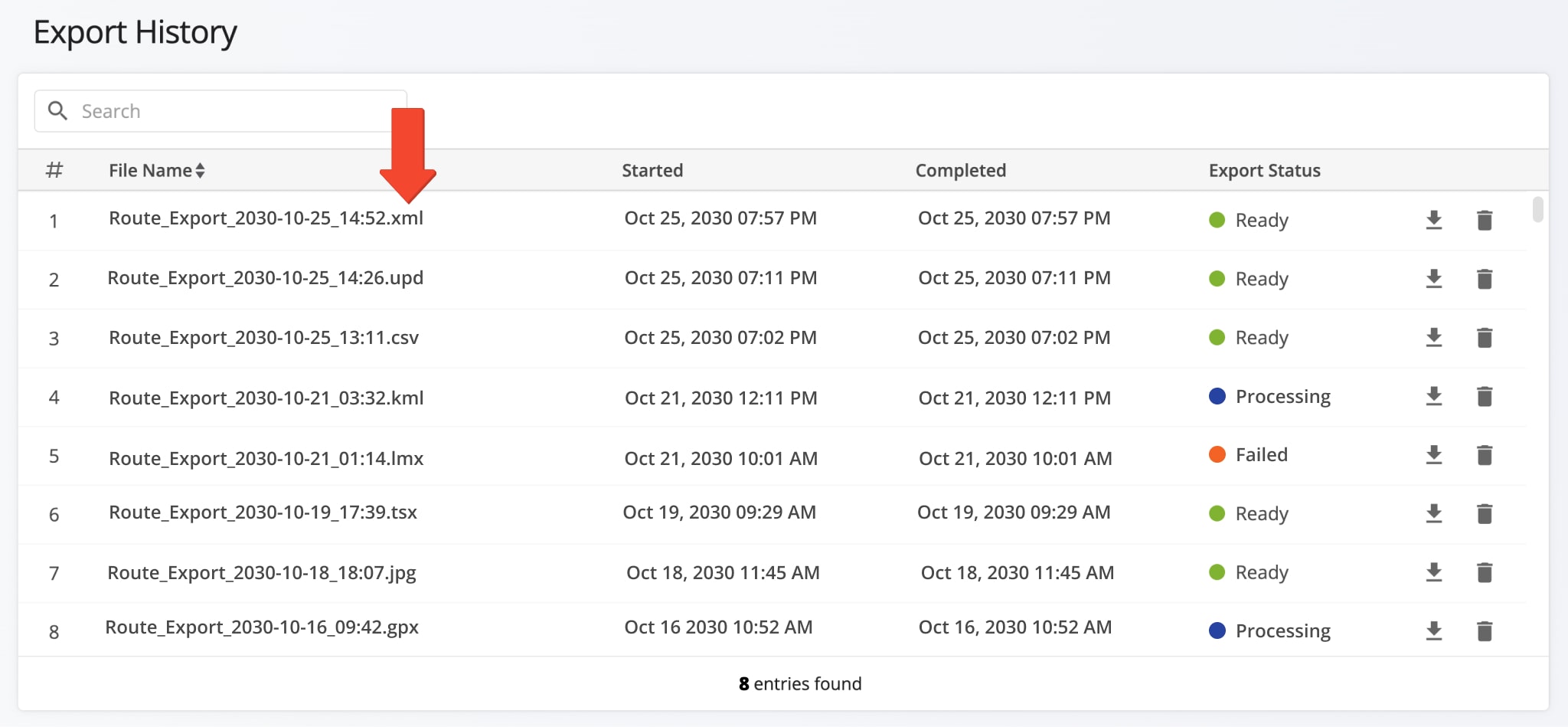 The exported route file will display in your Export History with its associated file format extension.