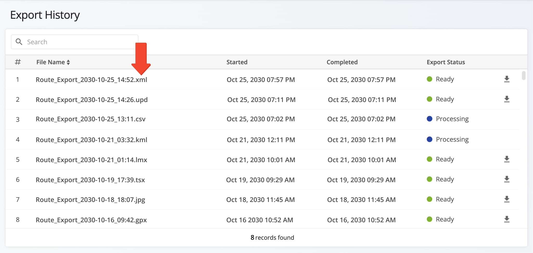 The exported route file will display in your Export History with its associated file format extension.