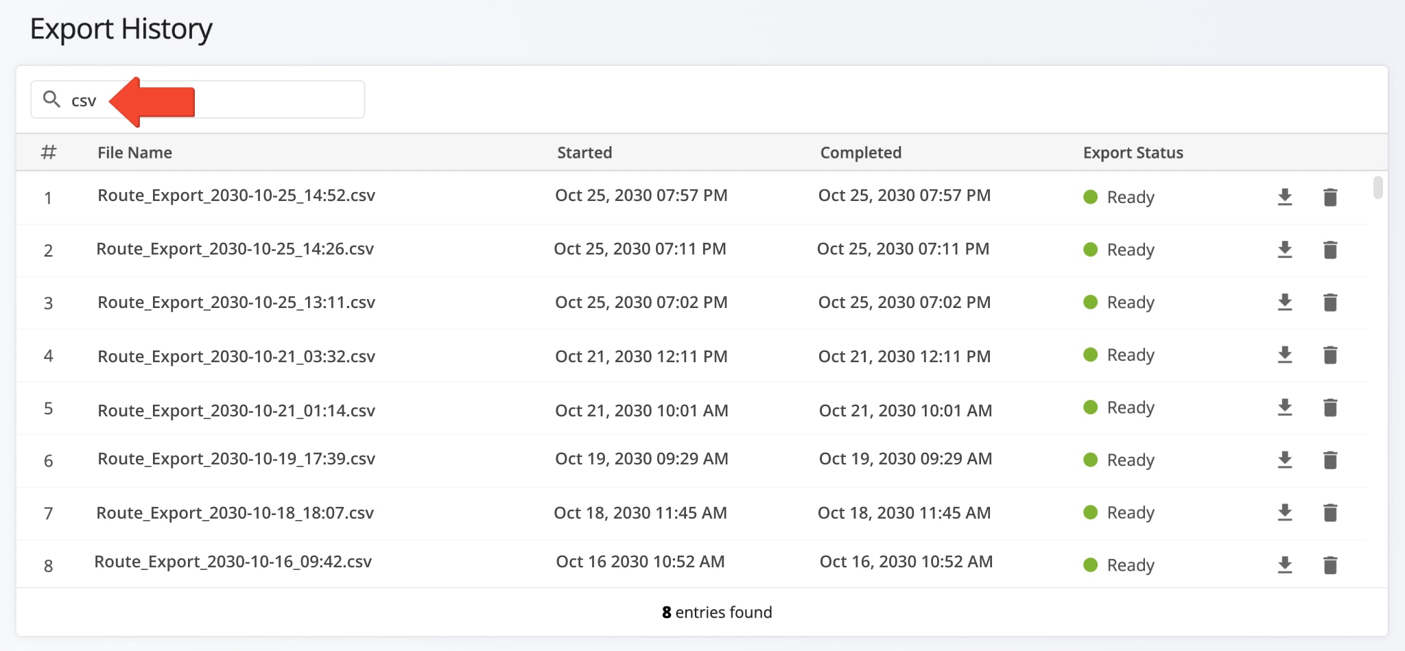 As the Account Owner, you can view and manage all files exported from your Route4Me account by all members associated with the account. Moreover, you can use the search field and input file names, export dates, and more to filter your preferred files