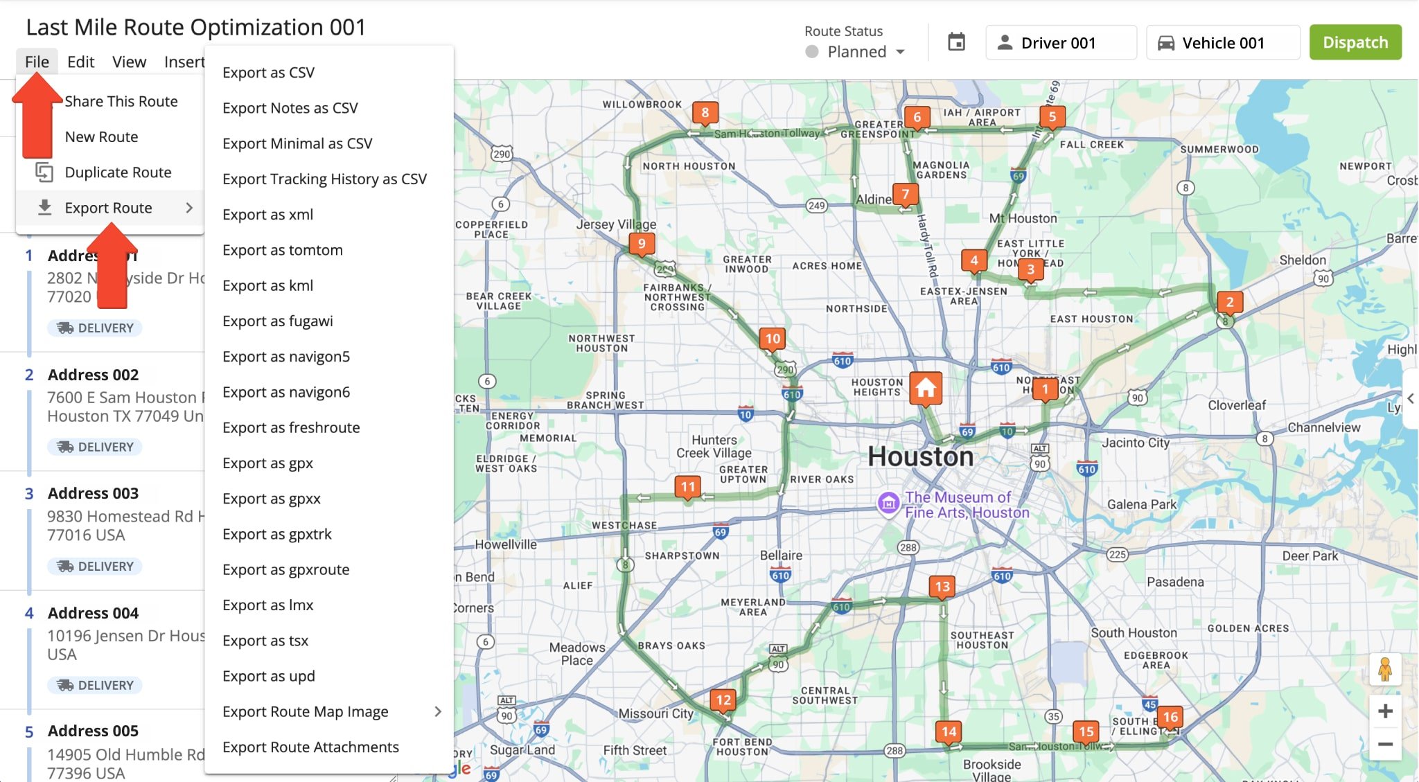 To export route data from the Route Editor, select File from the top menu bar, then hover over Export Route and select a data export file format.