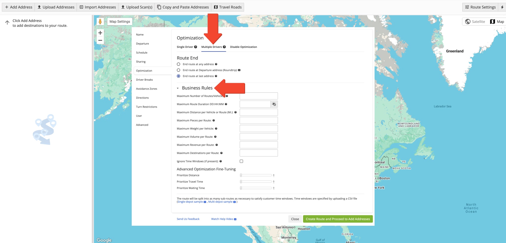 When you plan multiple routes from a single set of addresses with constraints these routes are automatically opened on the Routes Map.