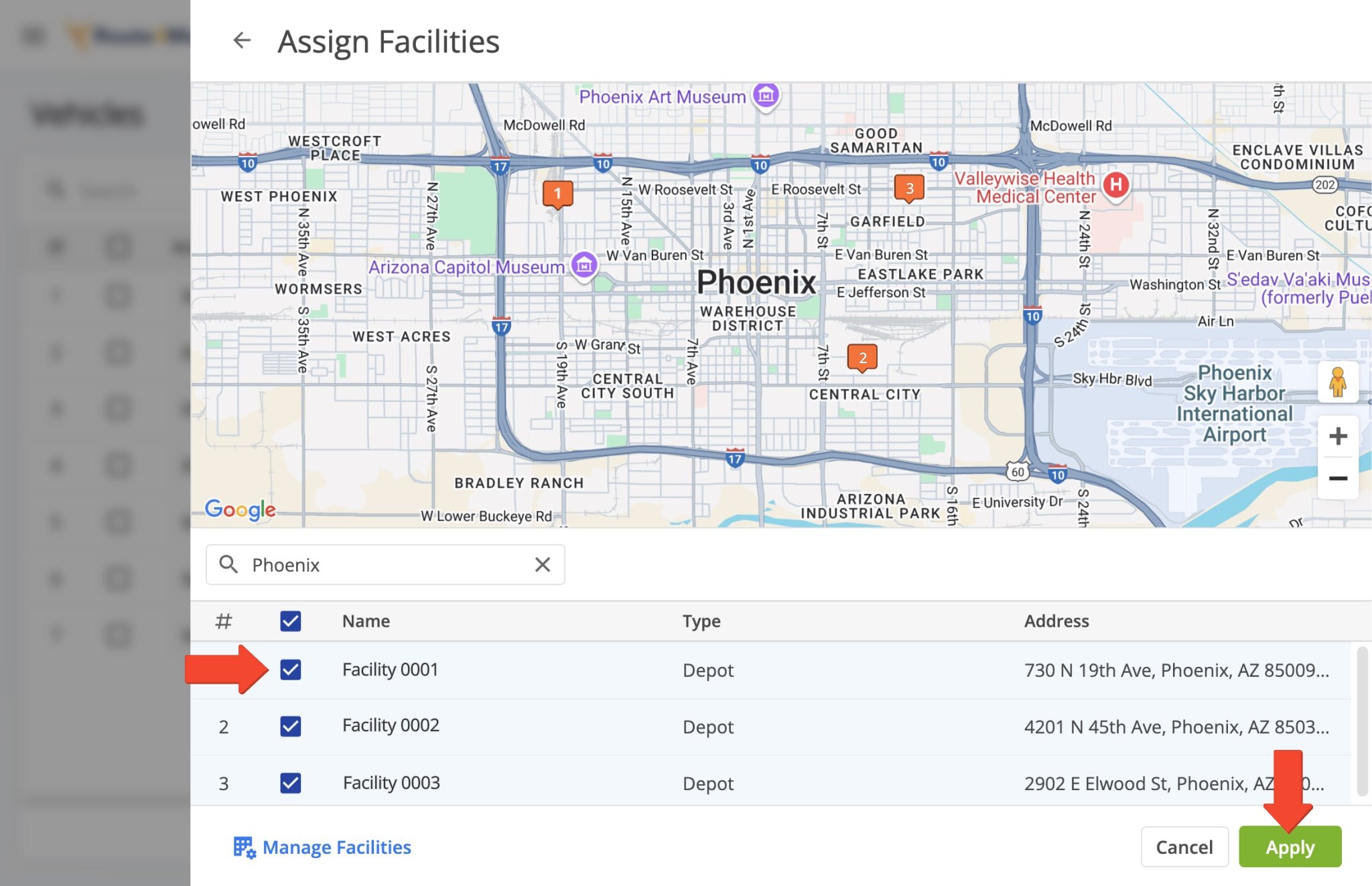 Select the specific facility you would like to assign to a vehicle and click the "Apply" button to finalize.