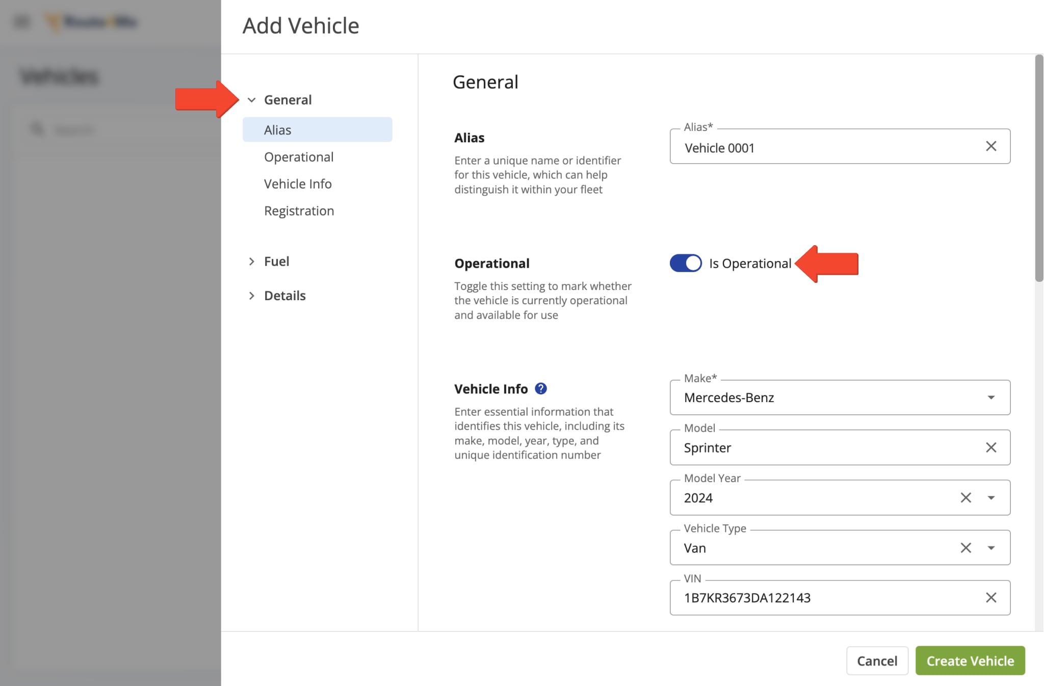 Fill out the vehicle's general profile information, including its' Alias, operational availability, essential vehicle information, and registration details.