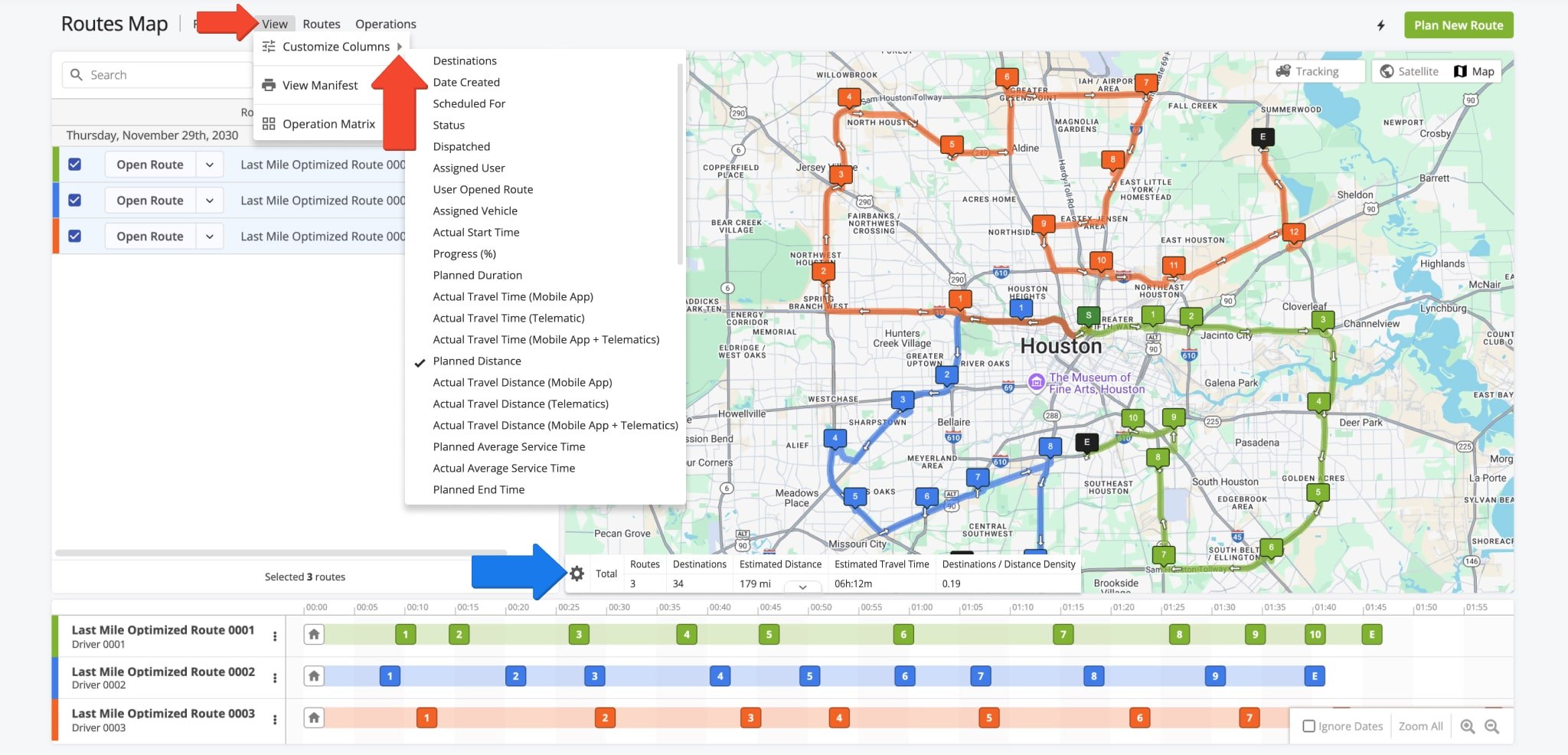 Moreover, the Routes Map enables you to filter and view the data of your routes. The Routes Map List includes a customizable table of route parameters. To enable preferred data items as columns on the Routes Map List, click View from the top menu bar, hover over Customize Columns and enable your preferred items.