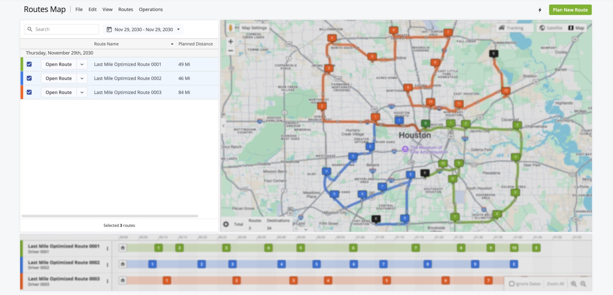 The Routes Map List enables you to open routes on the map, manage routes, and view route data in the customizable Route Data Table.