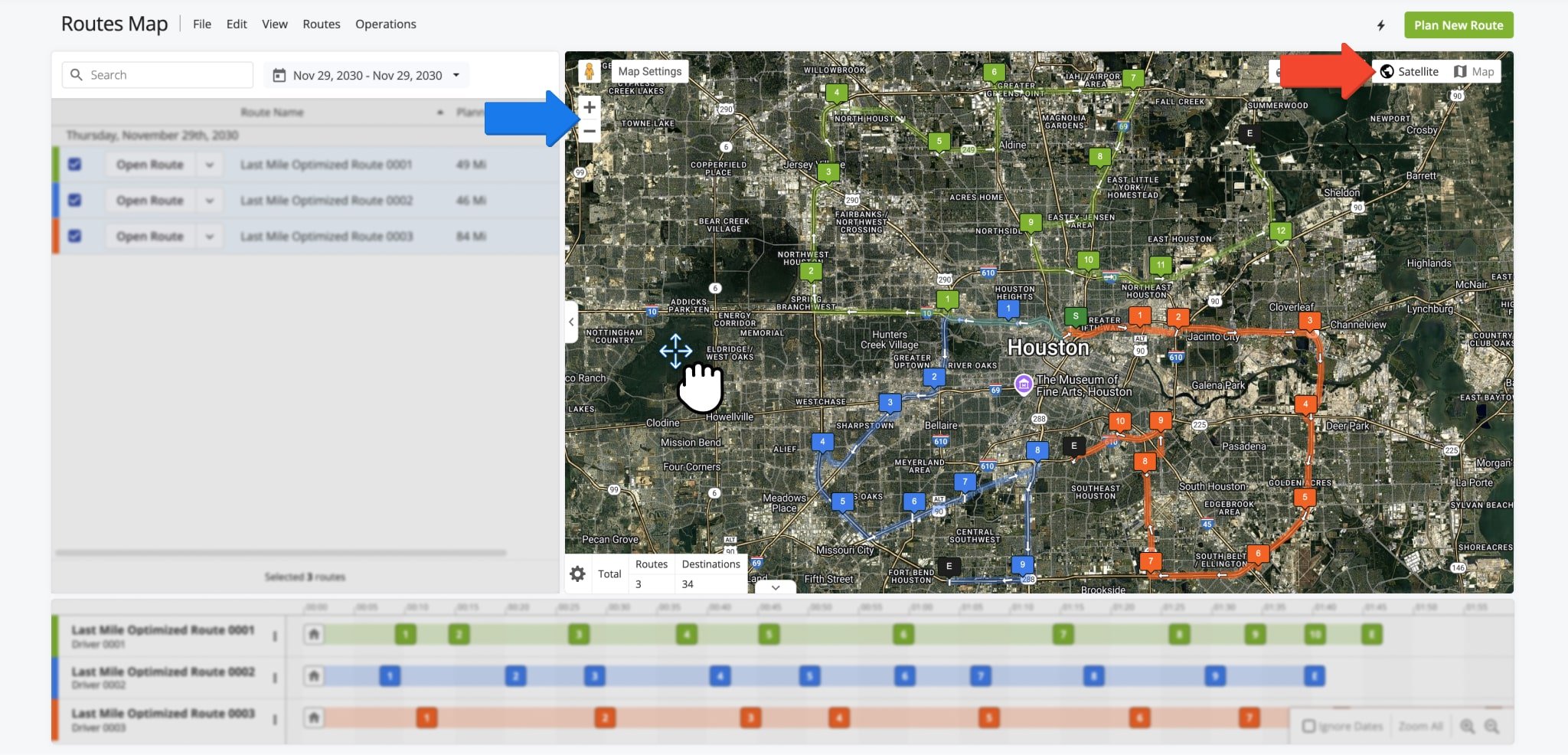 To navigate the Interactive Map, you can click and drag to move. Scroll, pinch, or click the Zoom In or Zoom Out buttons to zoom. Additionally, press the Satellite or Map buttons to change between map modes.