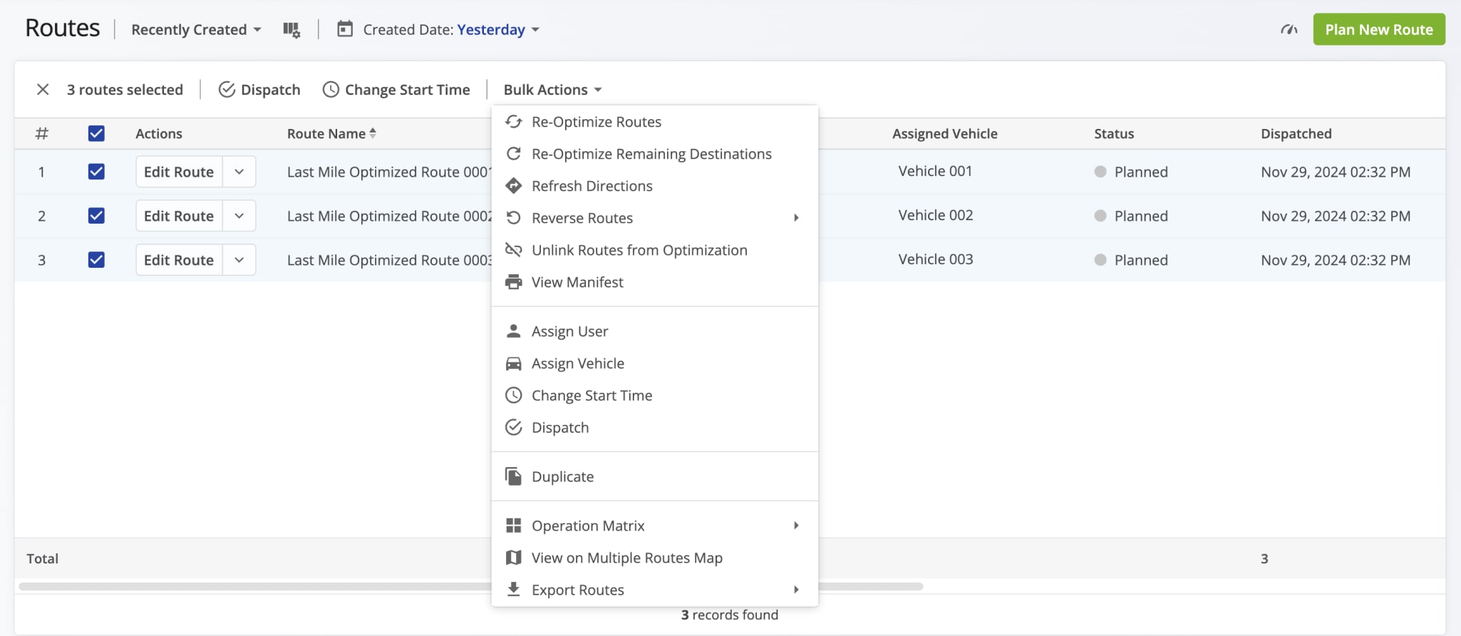 To open previously planned routes on the Routes Map, open the Routes List. Then, check the boxes next to your preferred routes, click View from the top menu bar and select View on Multiple Routes Map.