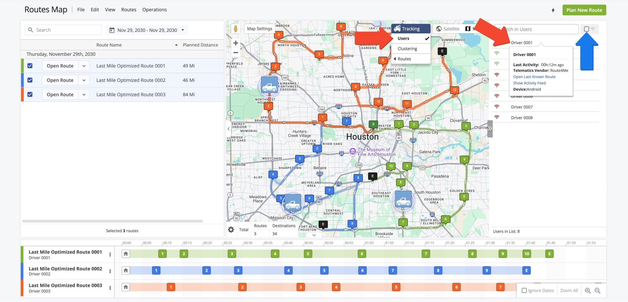 The Interactive Routes Map enables you to track users and drivers on the map. Track multiple drivers on different routes at the same time easily from the Tracking menu.