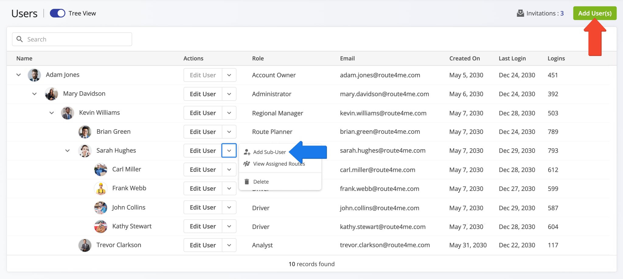 Add drivers, route planners, dispatchers, and other team members by creating user profiles.