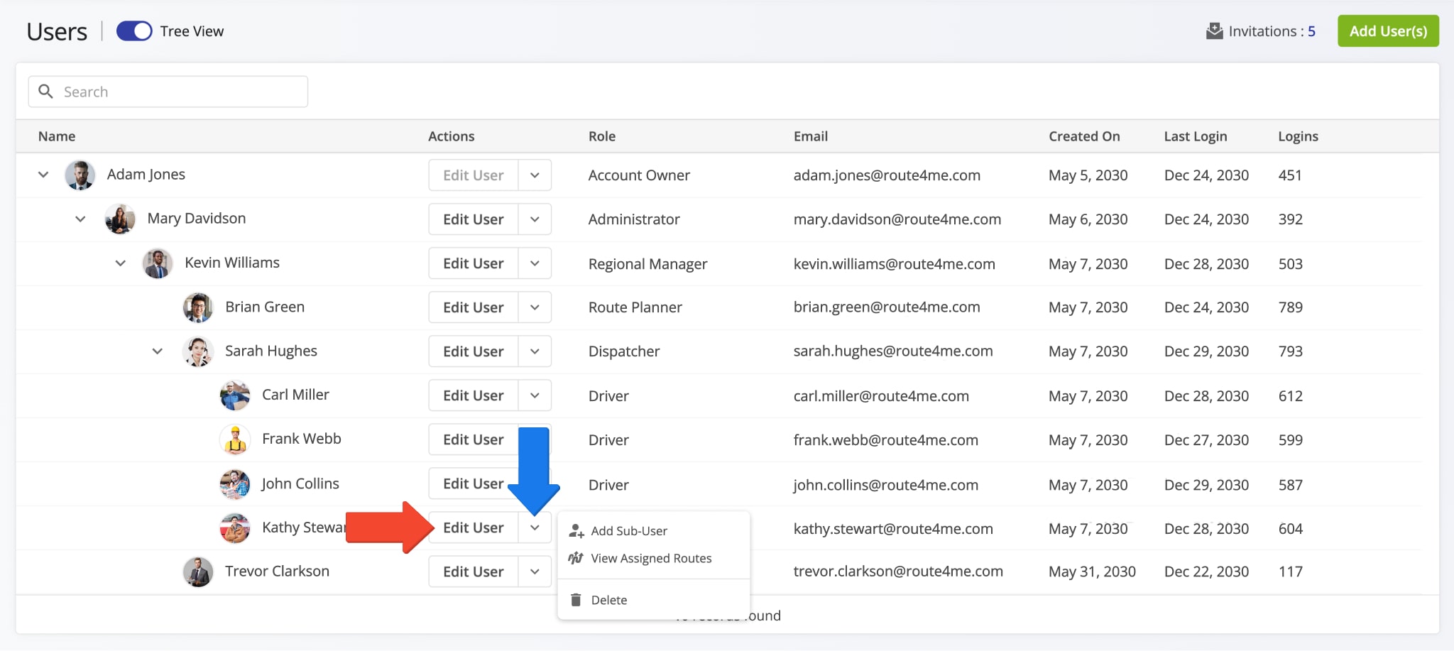 Edit accounts and profiles of drivers, route planners, dispatchers, and other team members.