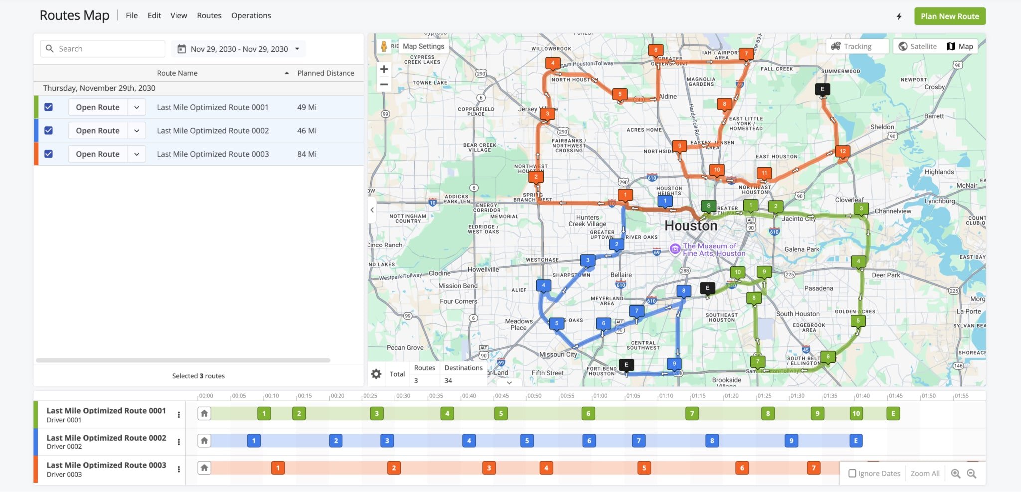 The Routes Map displays your opened routes together on the interactive map and shows their respective stop sequences in the Time Line.