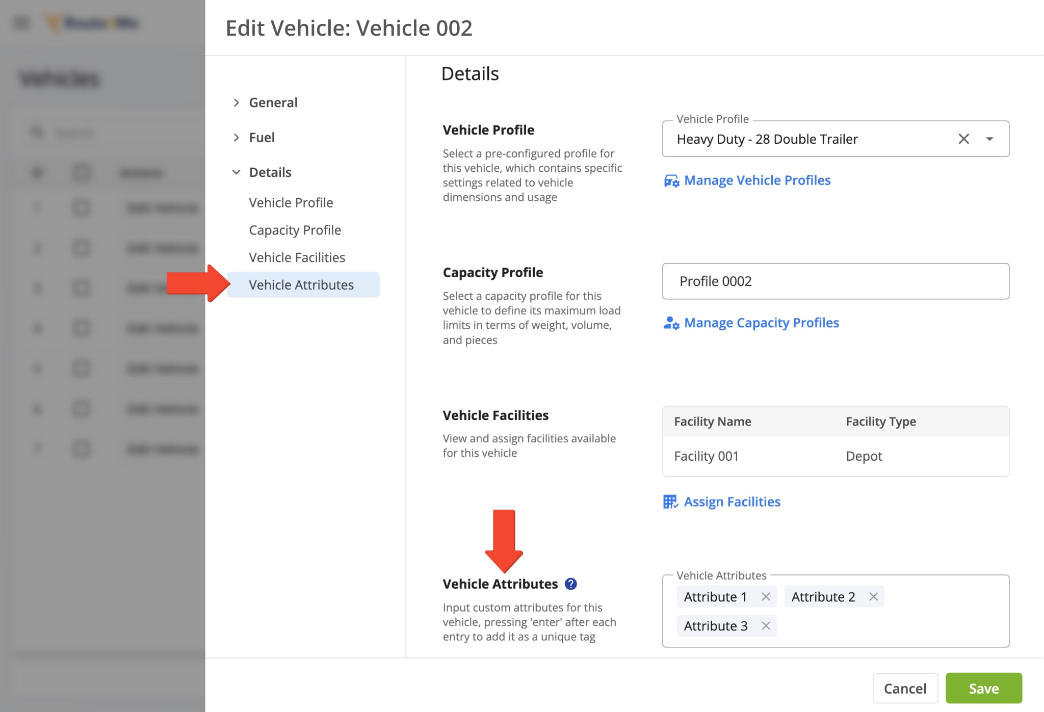 Adding custom Vehicle Attributes enables you to match a vehicle with route destinations requiring those attributes.