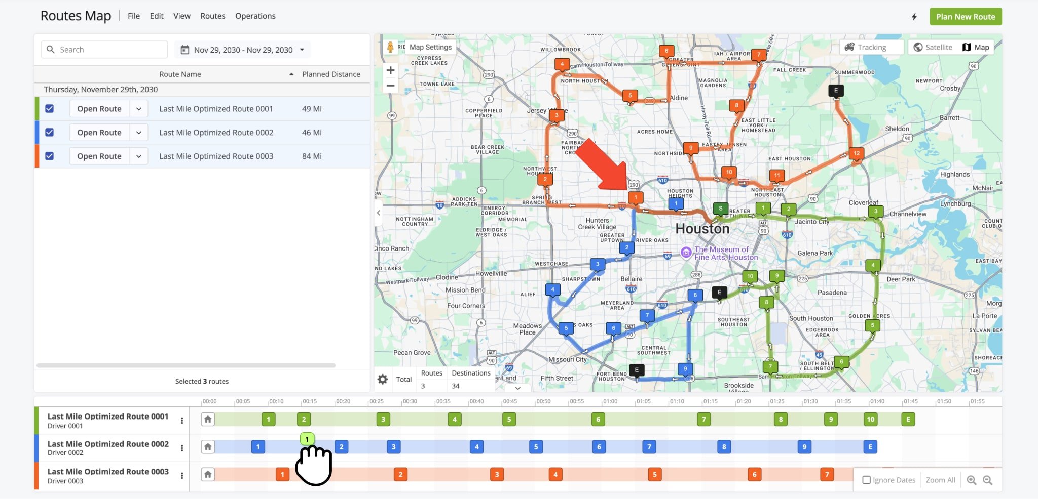 Drag a destination on the Routes Map to reposition it within the same route or move it to a different route.