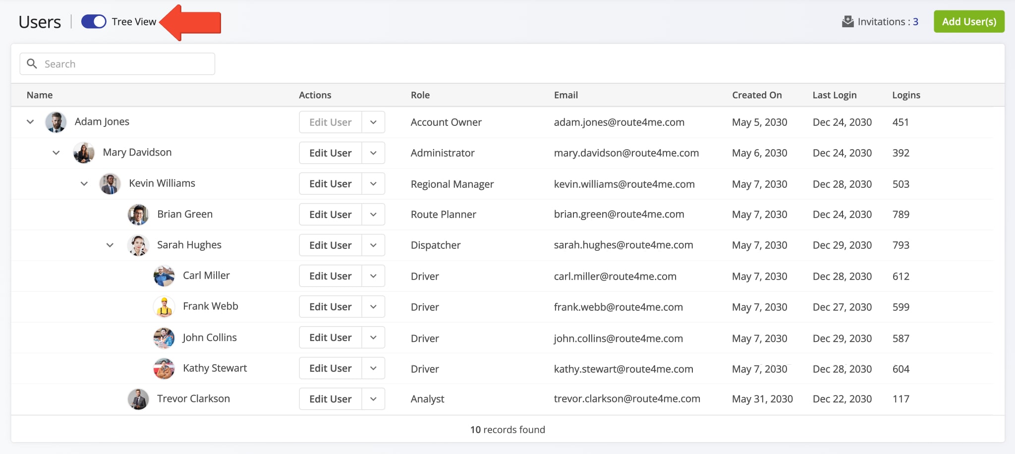 Enable Tree View to visualize your Route4Me Last Mile Transportation team hierarchy and reporting structure.