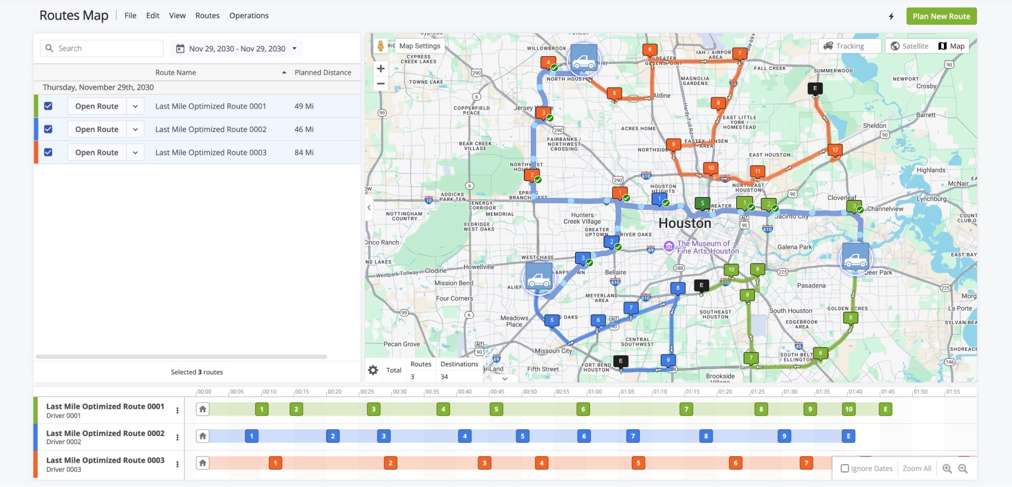 When a driver has started a route on the Mobile Route Planner App, their progress will be tracked on the Routes Map, shown as a blue trail with GPS breadcrumbs.