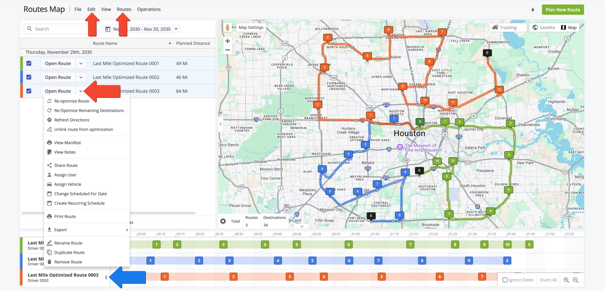 The Routes Map enables you to manage your preferred or selected routes in various ways. Specifically, you can use the top menu bar, the Gear Icon next to individual routes in the Routes Map List, or the Three-dot Icon in the Time Line to manage routes.