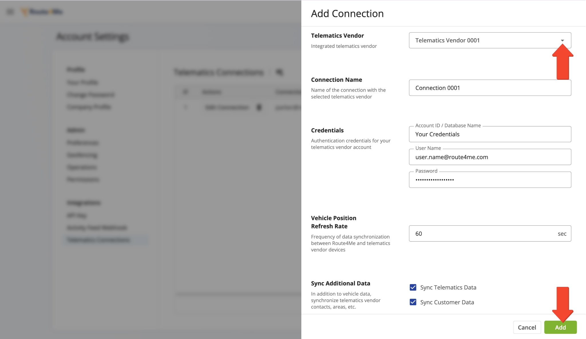 Selected your preferred telematics vendor from the drop-down list and complete all mandatory fields.