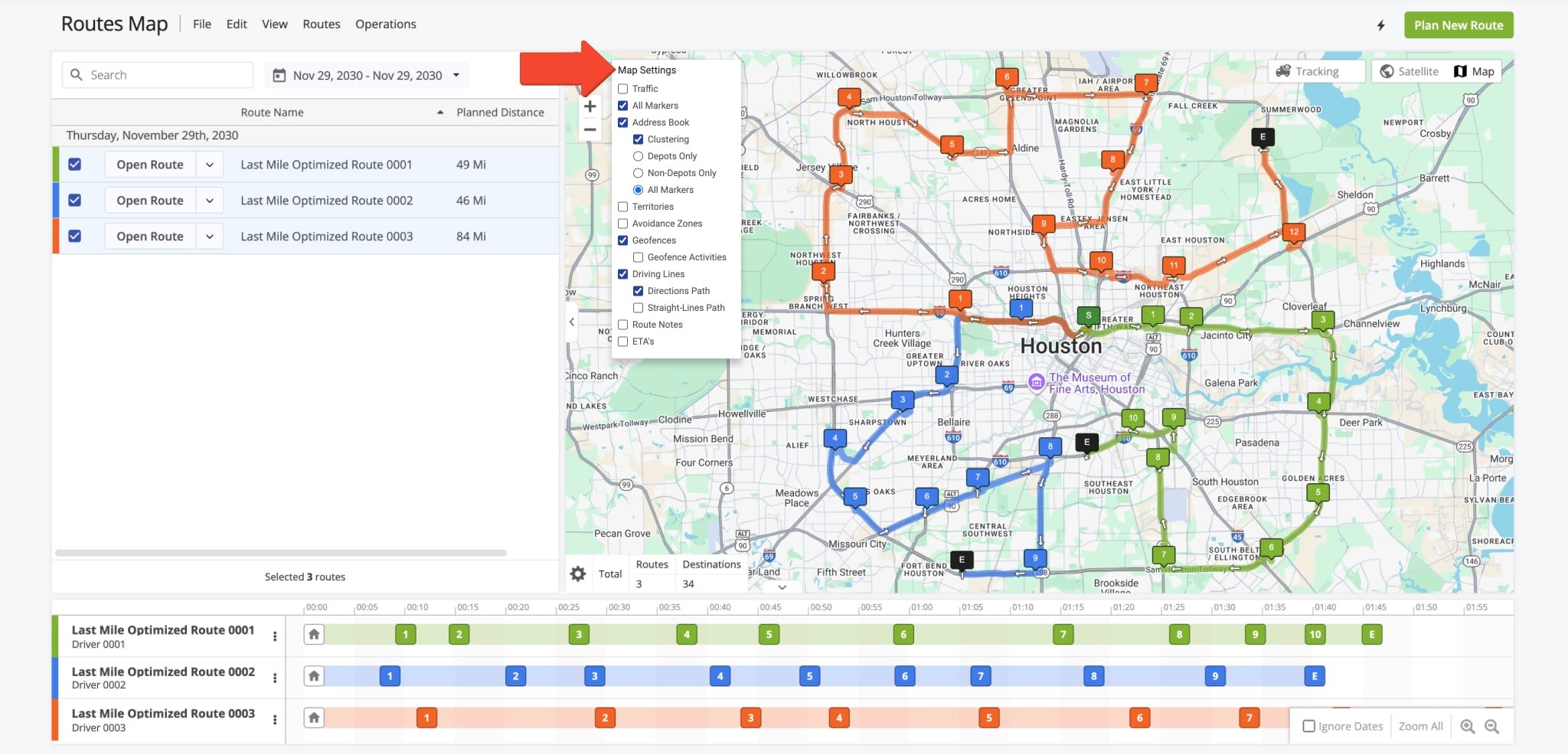 The Interactive Map enables you to view various routing items such as Territories, Geofences, and more. Click the Map Settings button to access the respective options.