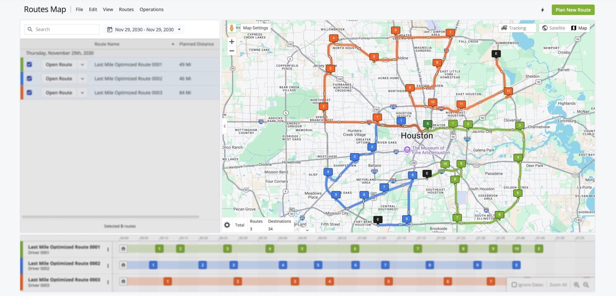 The Interactive Map displays routes enabled from the Routes Map List with their respective destination sequences. You can customize map settings, enable user and driver tracking, and have access to destination management options.