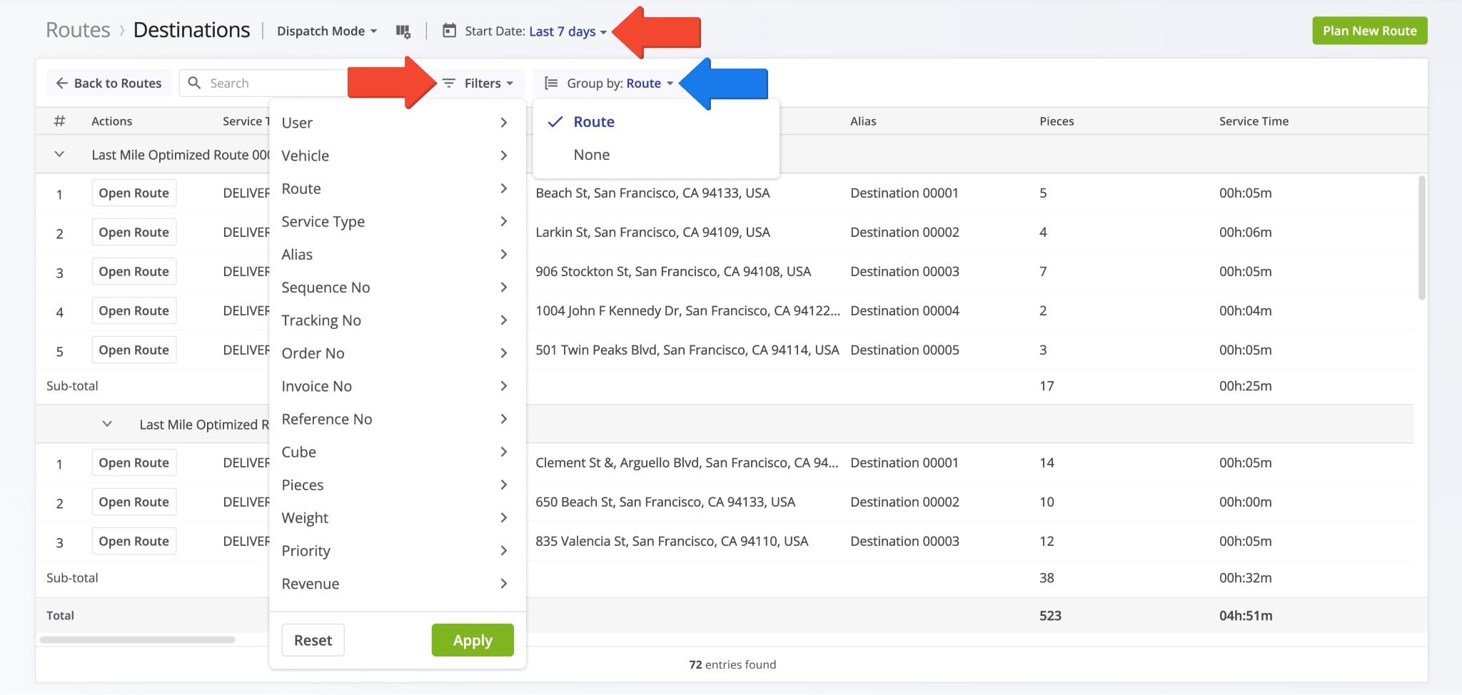 You can filter and groups Destinations on the Routes List in the same way you filter and group routes.