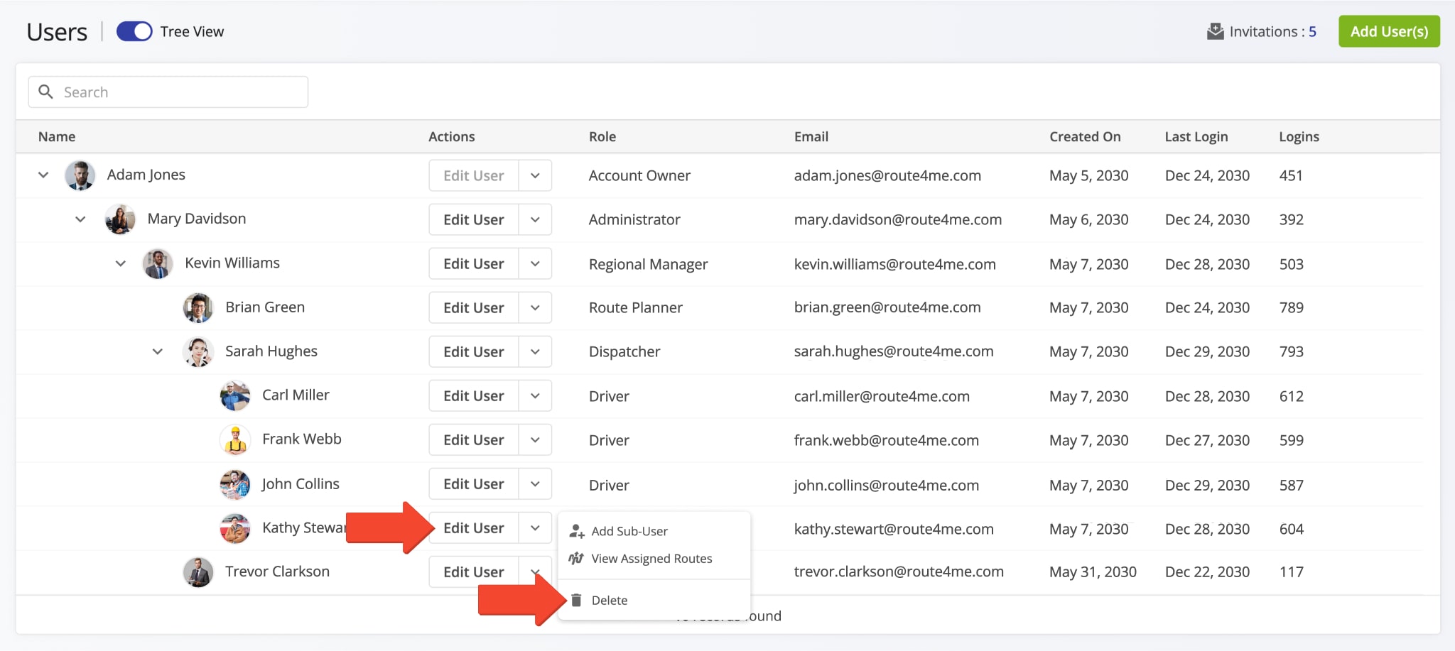 Delete drivers, route planners, dispatchers, and other team member profiles from the Route4Me route planning software account.